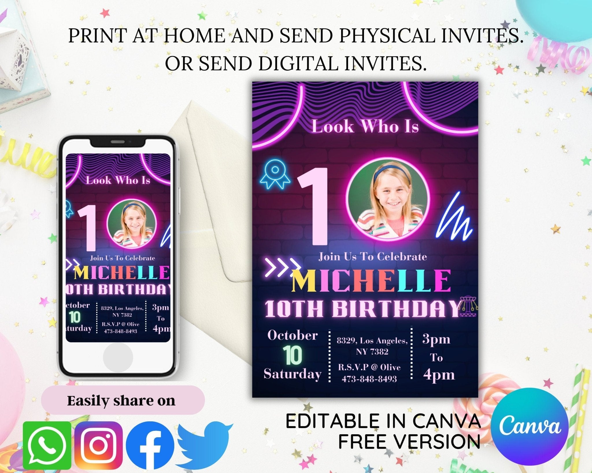 Neon kids party invitation mockup on phone and tablet screen