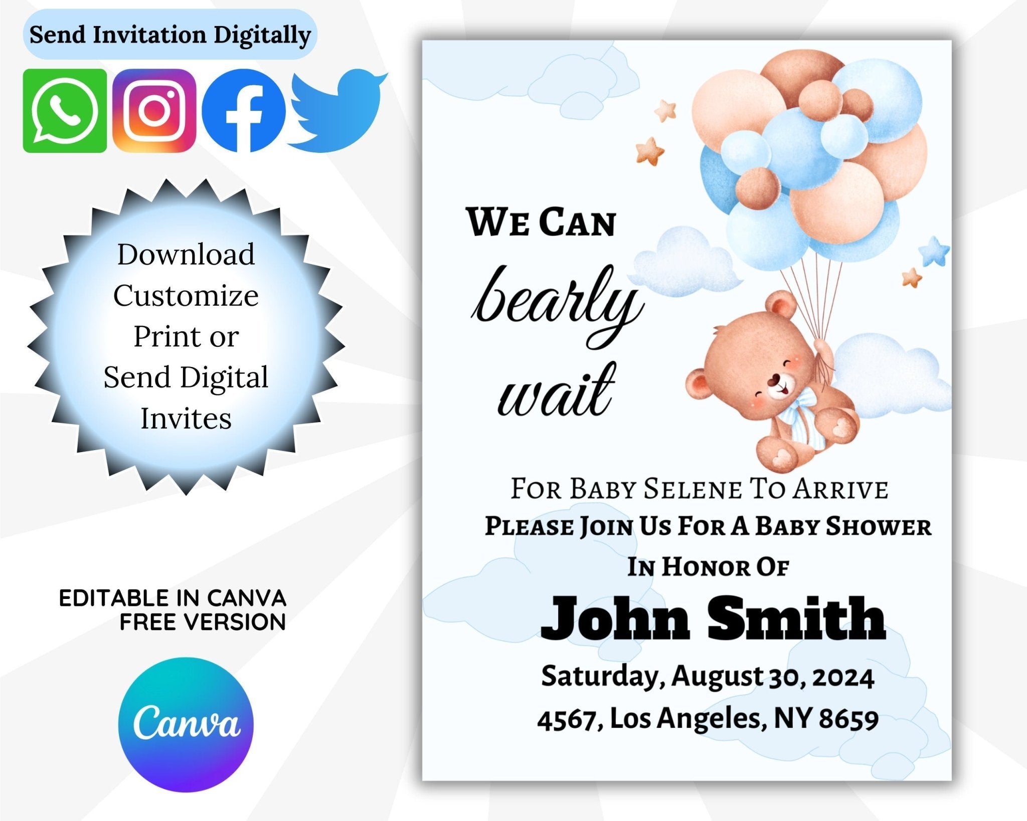 Digital blue teddy bear baby shower card