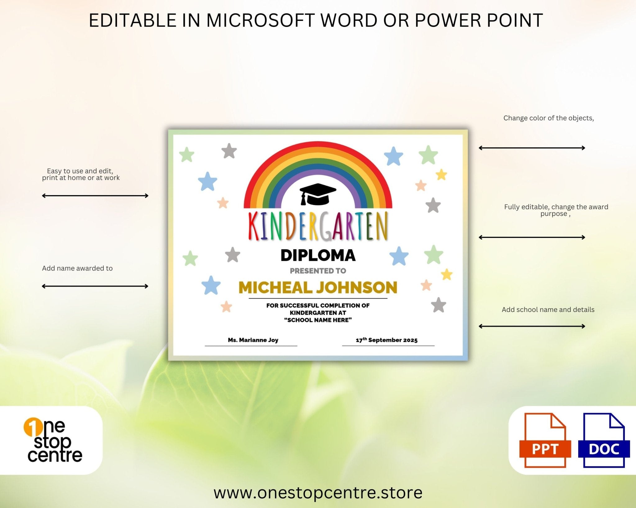 Customizable kindergarten achievement certificate with star design