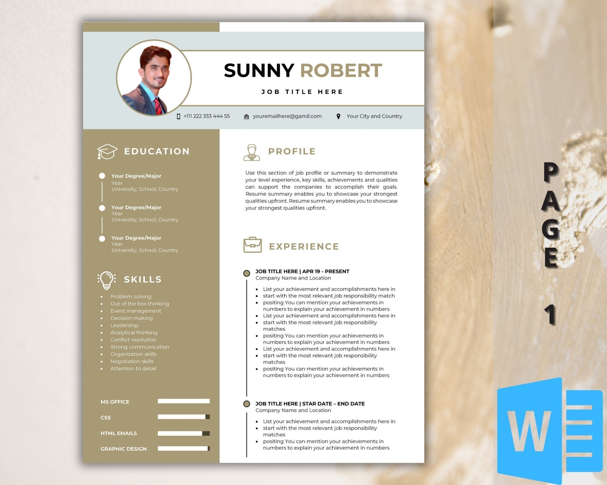 Editable 1-page modern CV template in A4 format