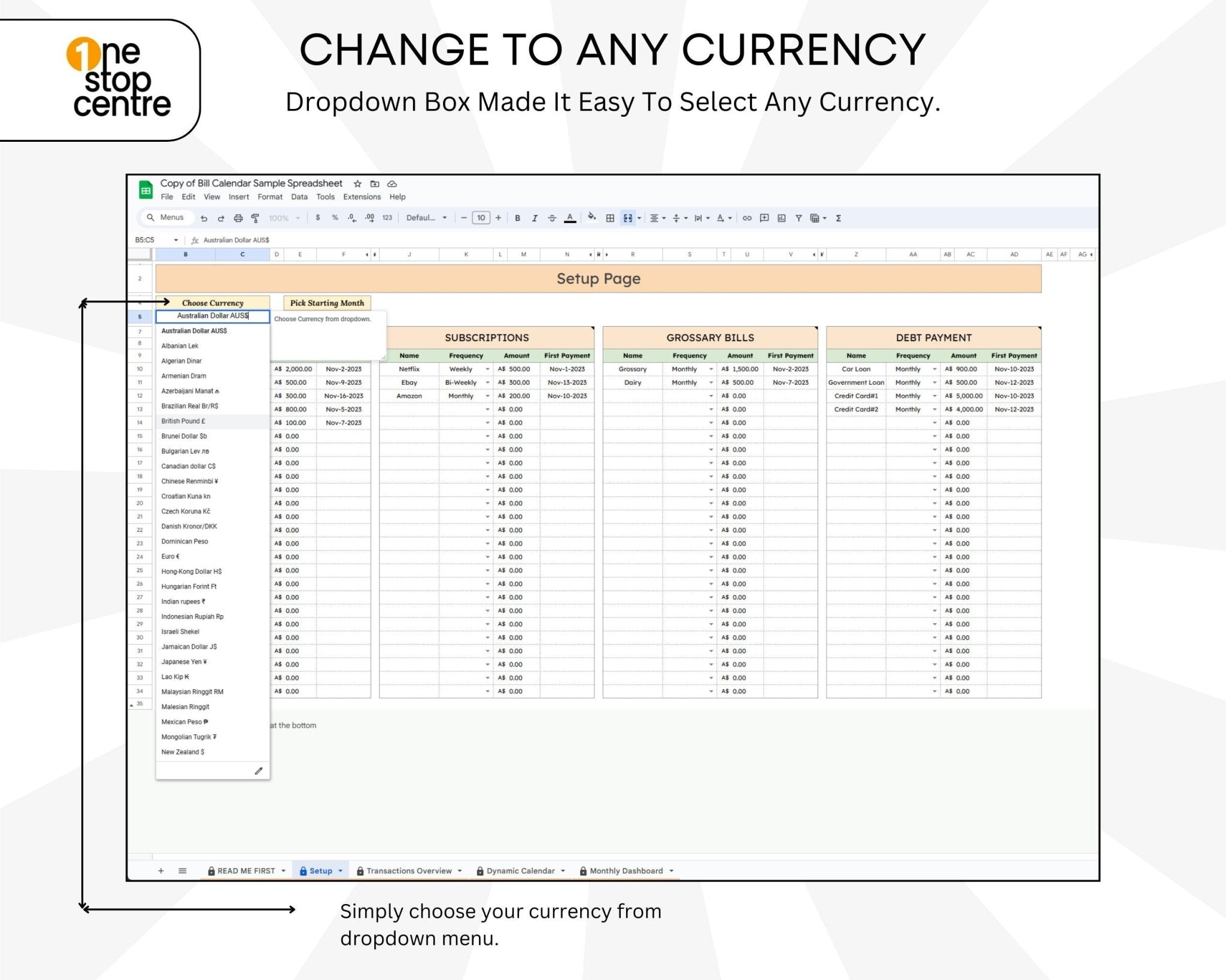 change to any currency with Google Sheets monthly bill calendar and payment dashboard
