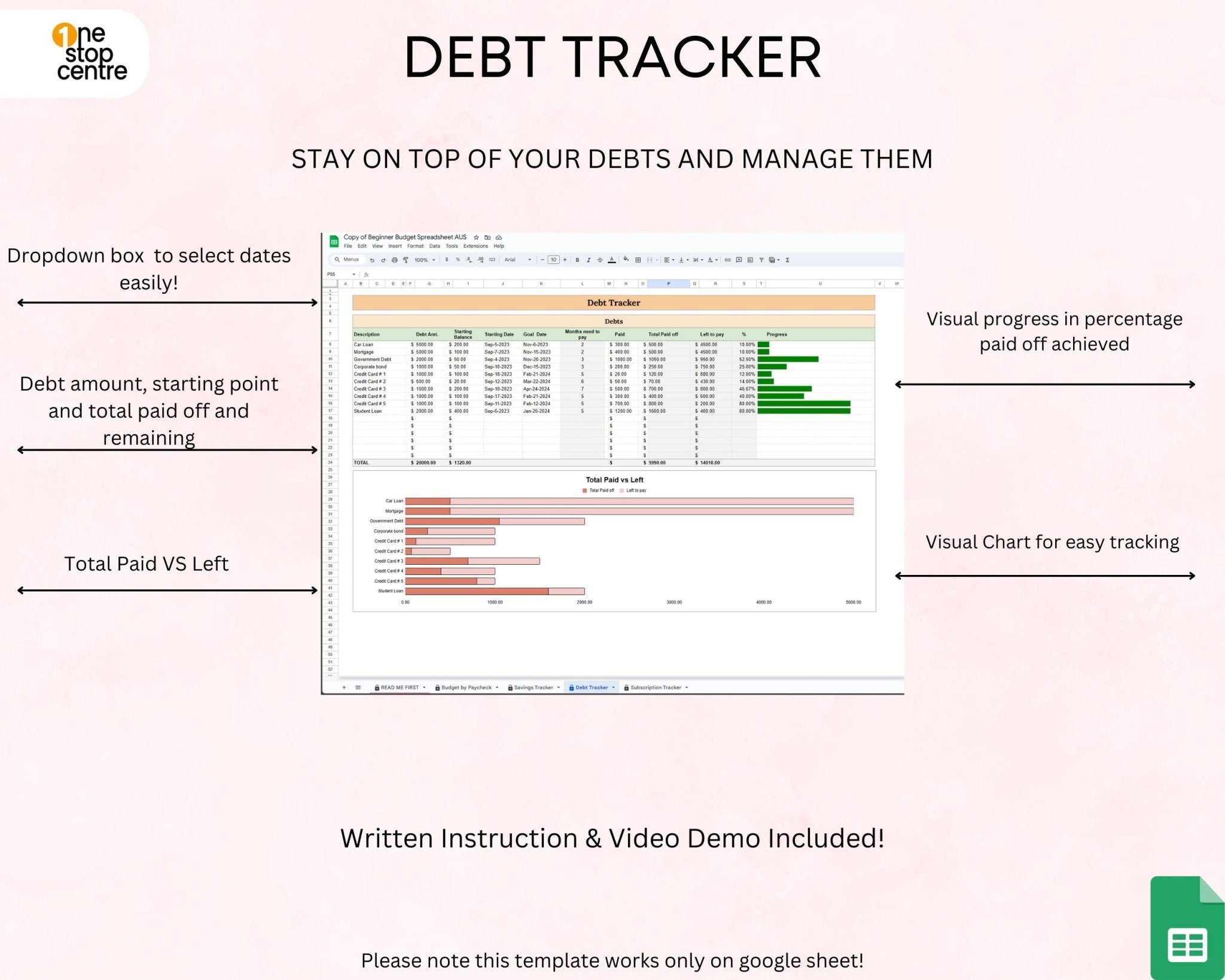 Debt tracker overview Google Sheets monthly budget planner spreadsheet
