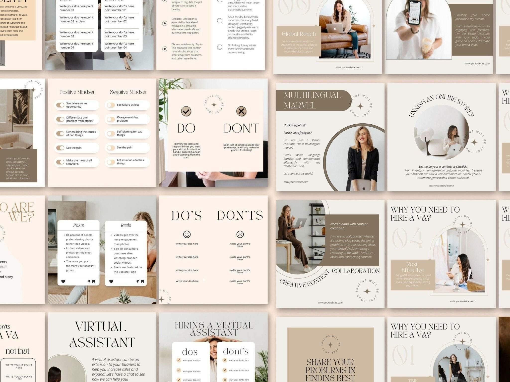 Virtual Assistant Instagram Collection of digital pages with text and images on a grid layout.