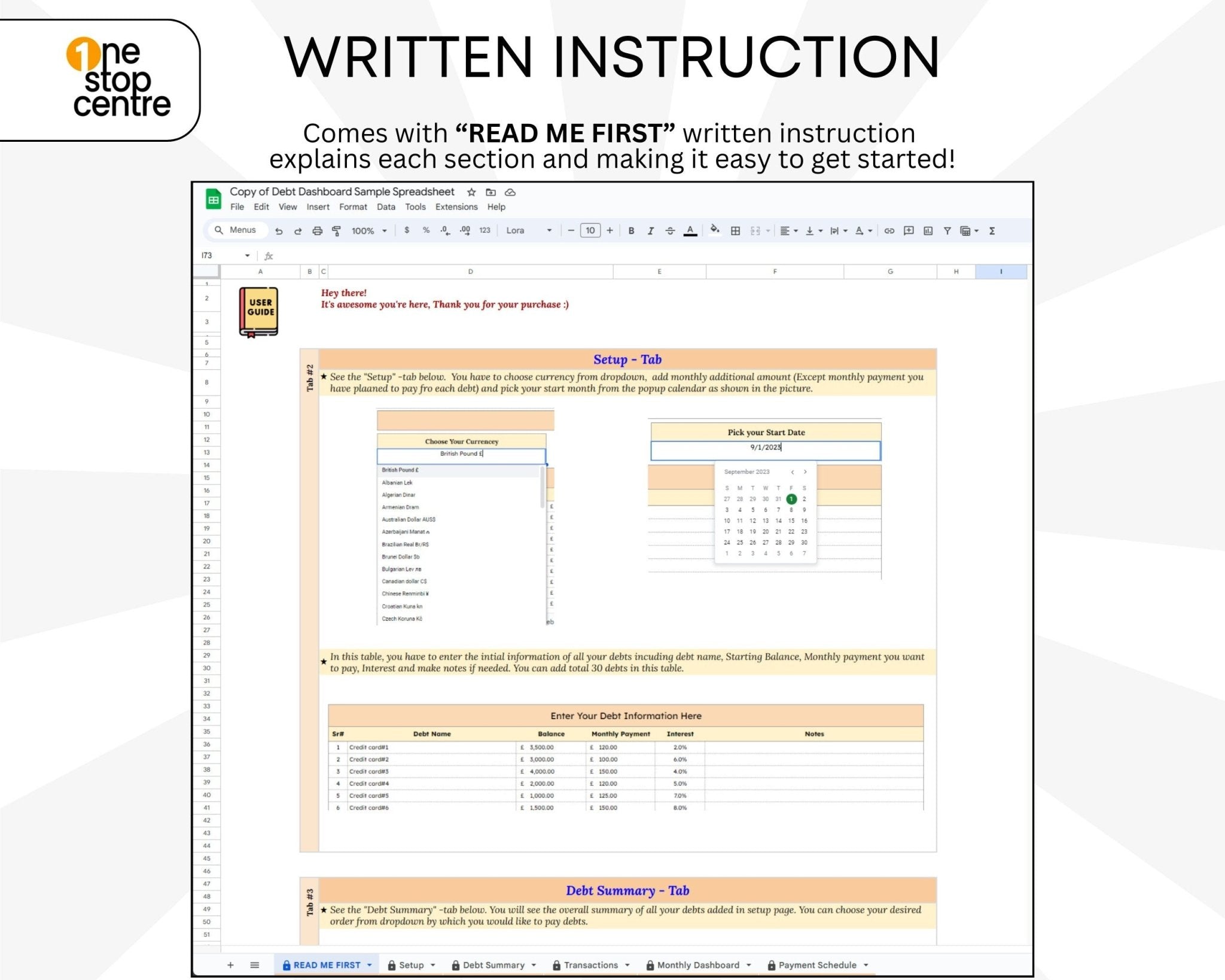 Debt snowball and avalanche strategy spreadsheet layout with written instruction