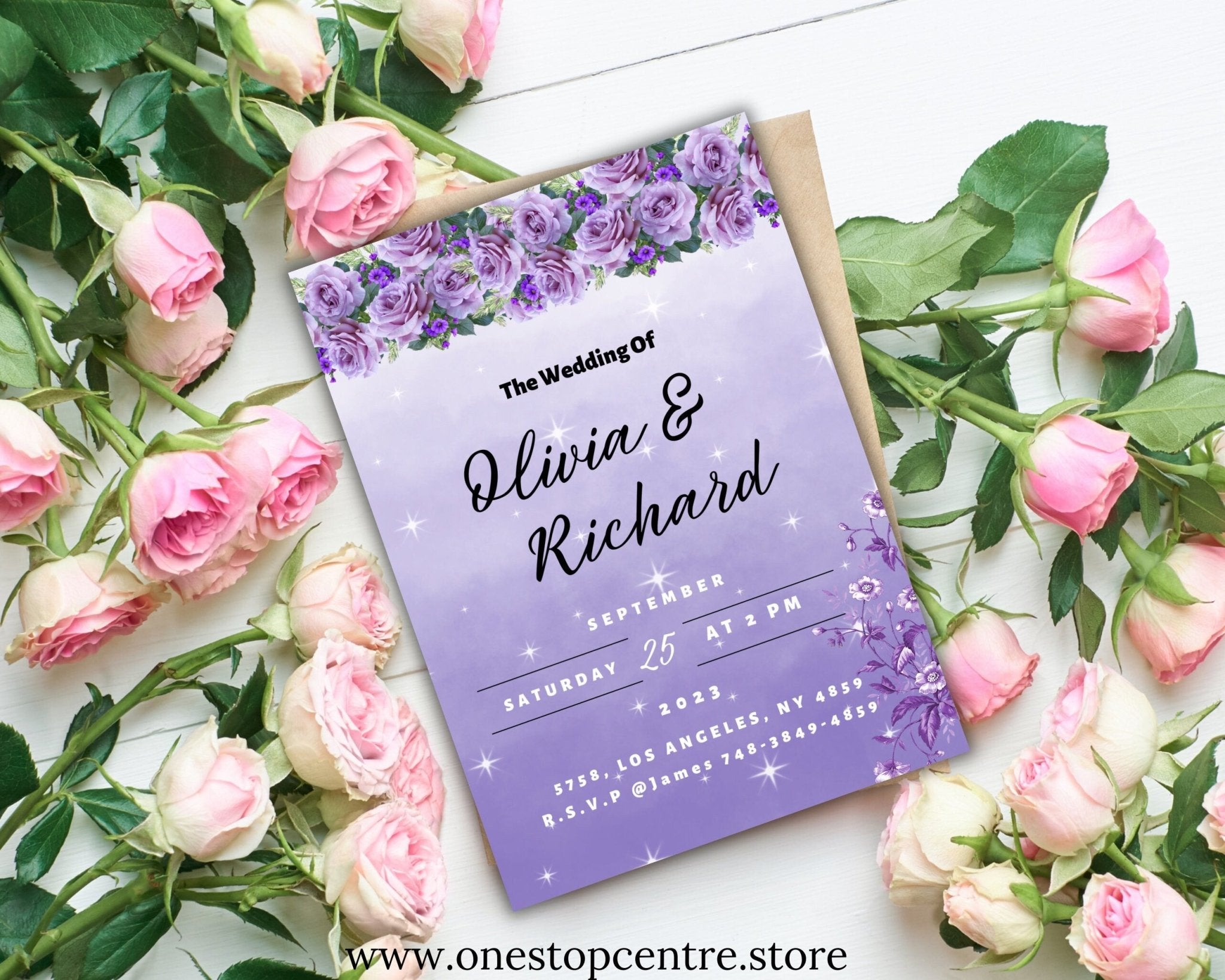 Printable minimal purple floral wedding invitation