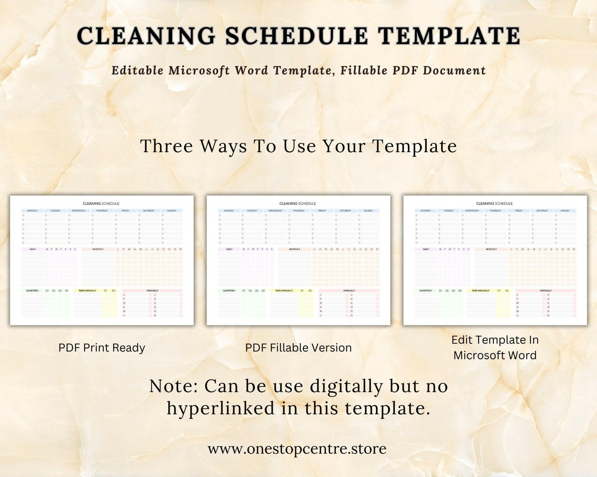 Cleaning schedule template with three versions on a textured beige background