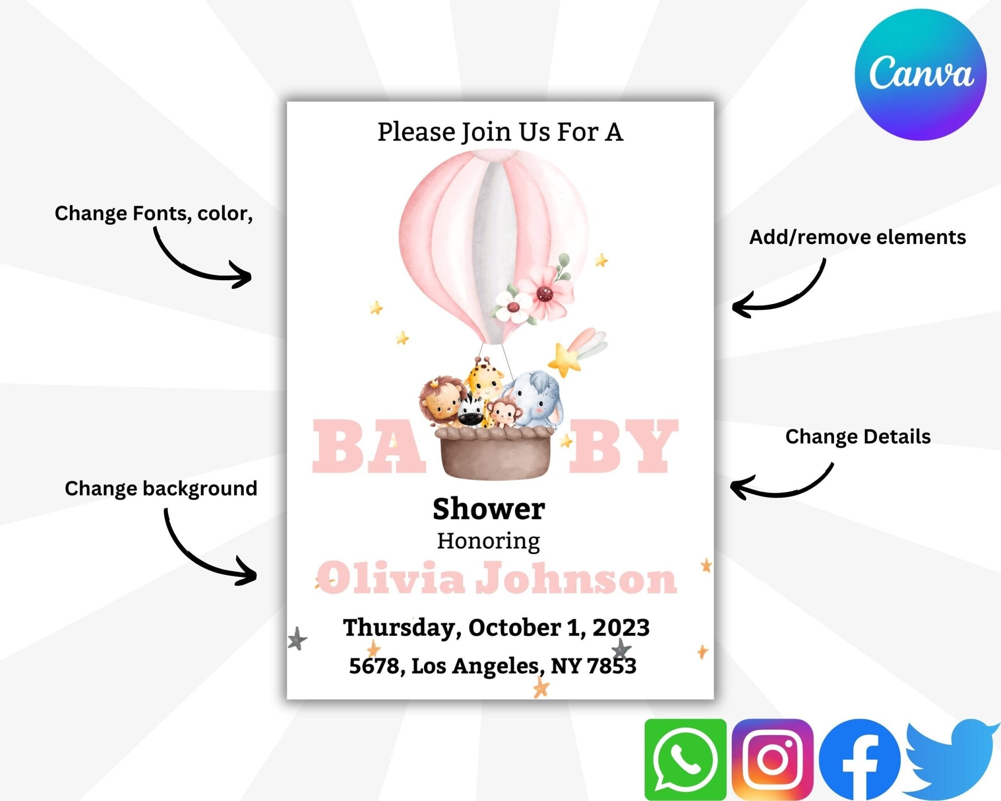 5x7 pink baby shower invite editable in Canva