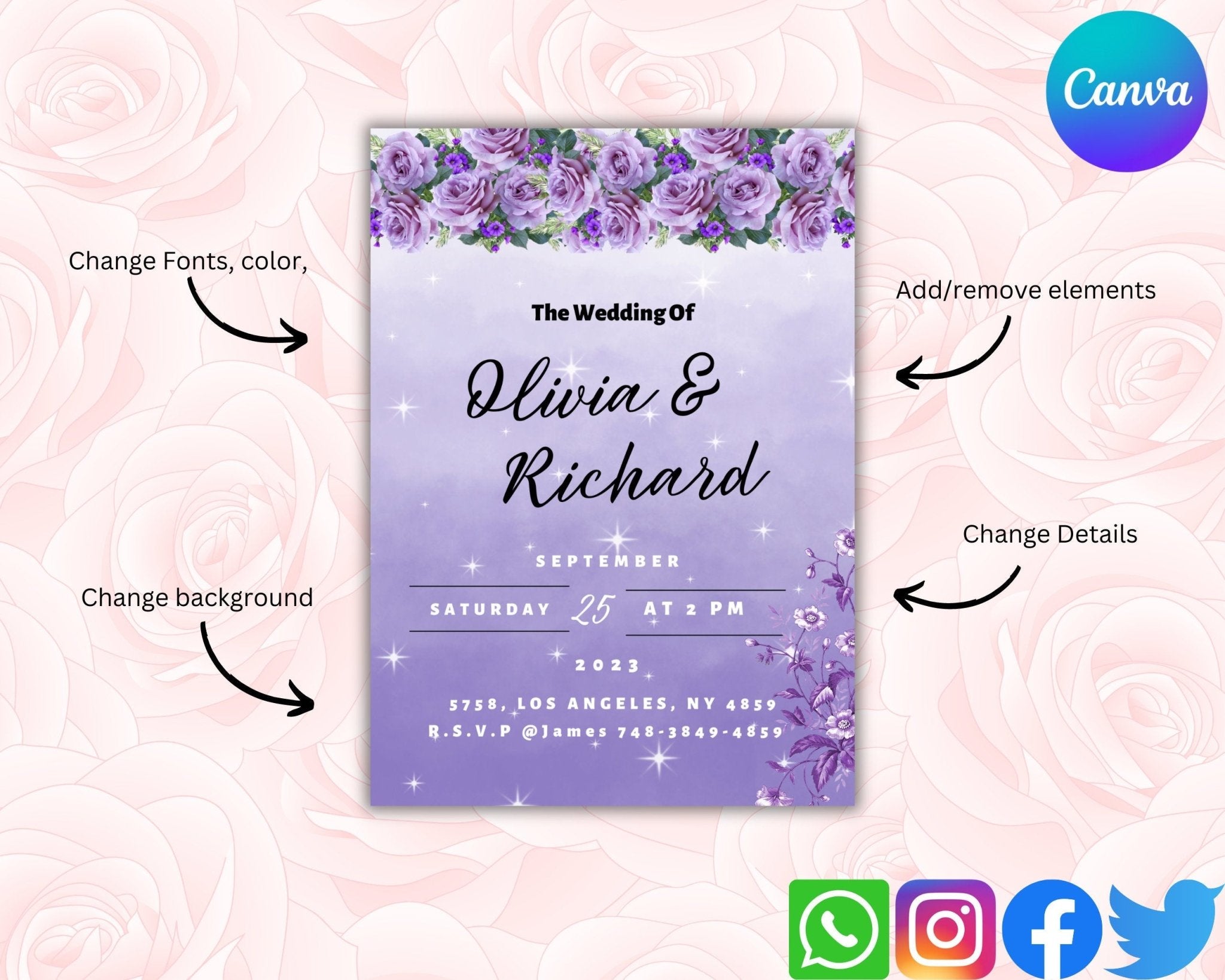 Customizable purple flower wedding invite template
