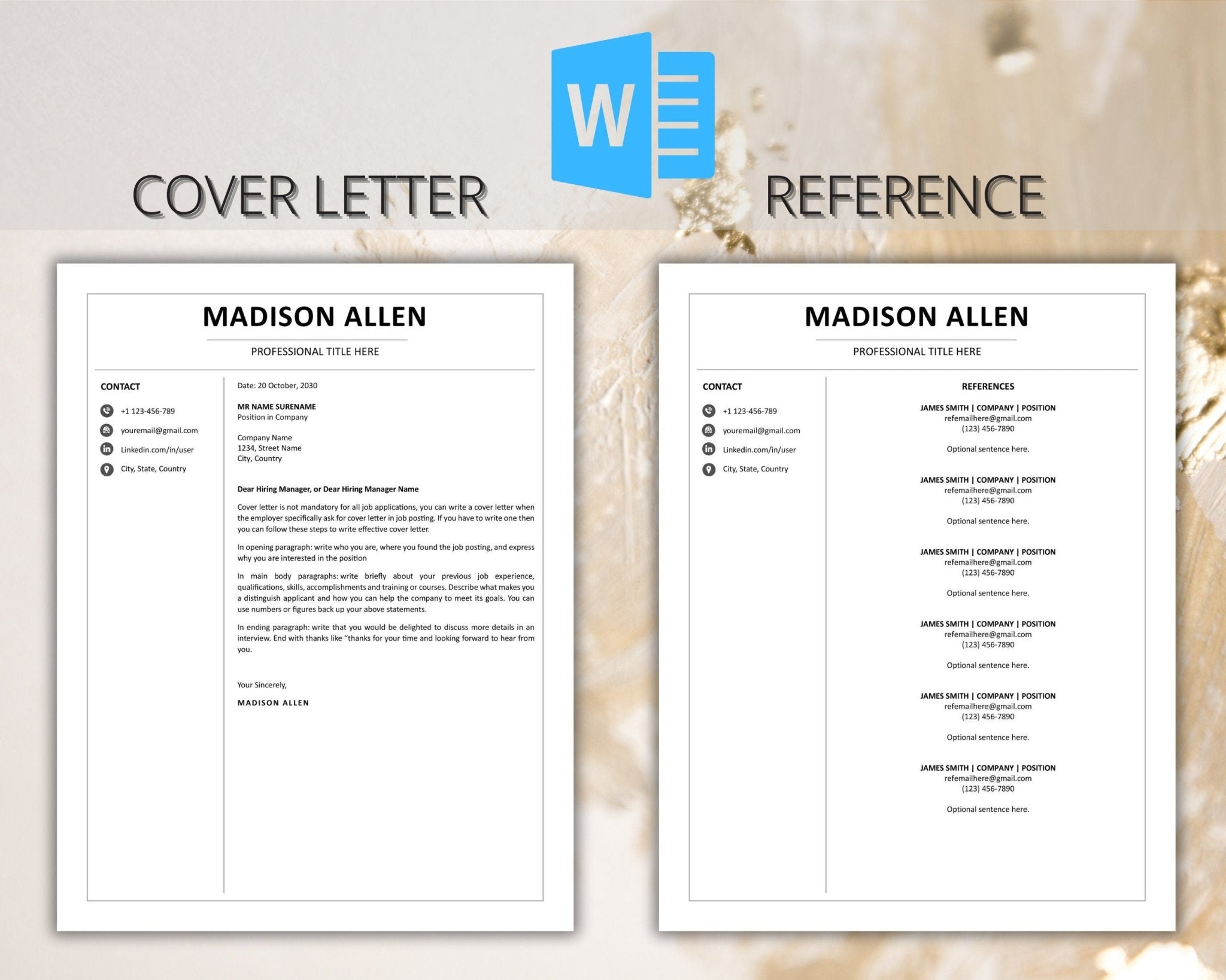 ATS-Friendly Resume Icons Included, with cover letter and reference page template