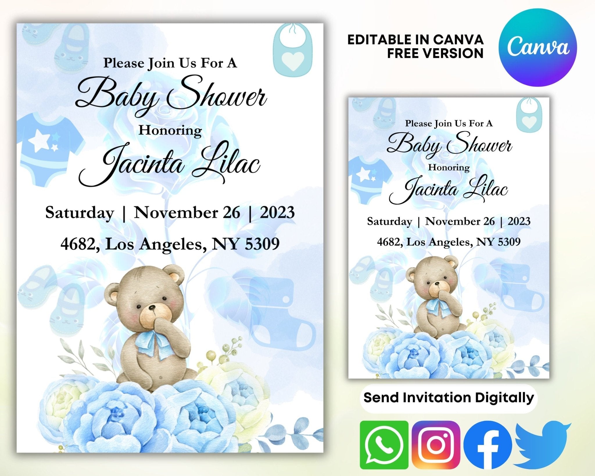 Editable baby shower Canva card with floral design