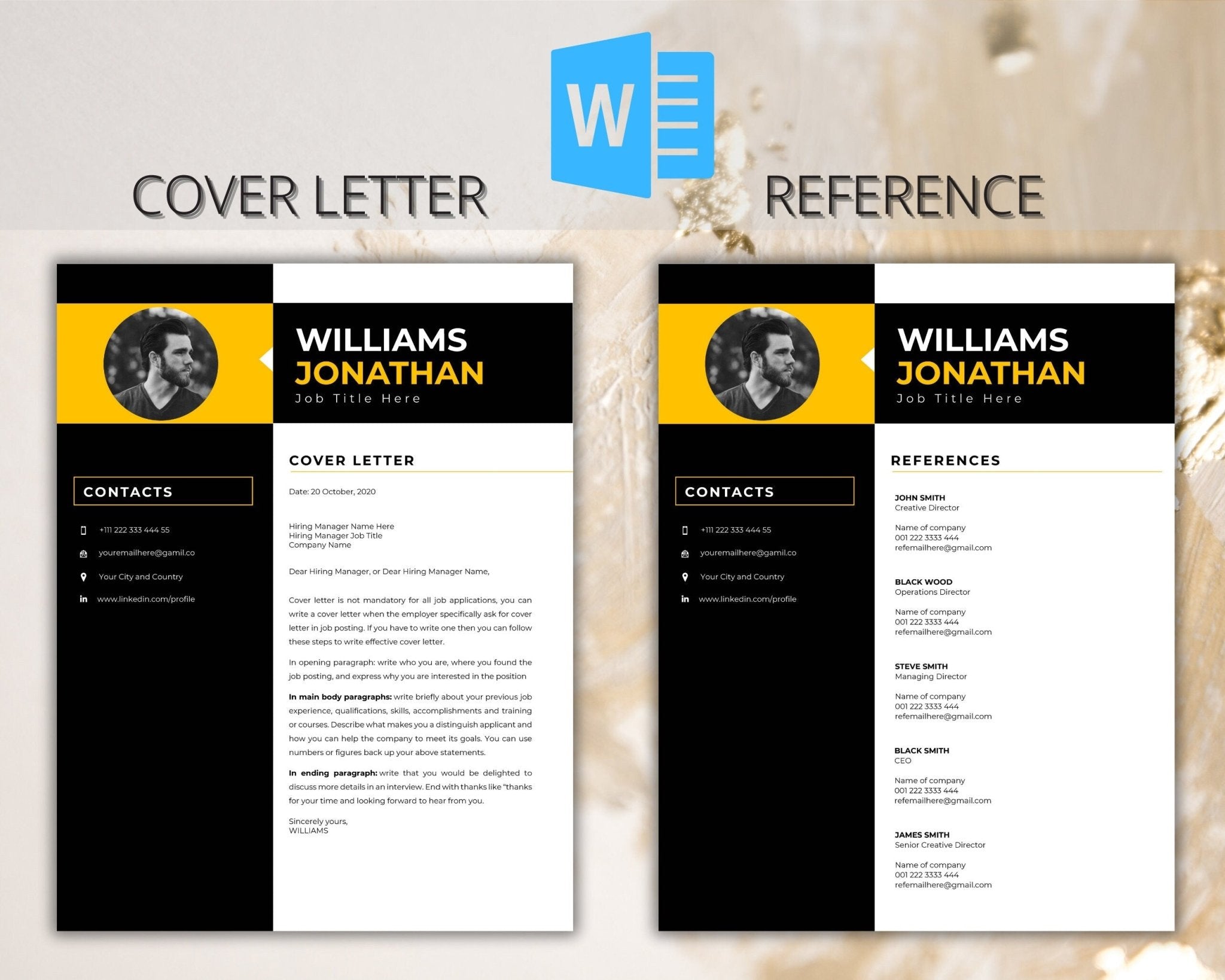 Matching cover letter and reference page templates in Word.