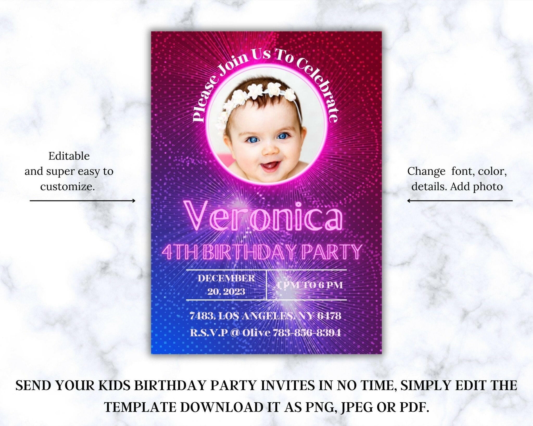 Photo frame party invitation card with glow elements