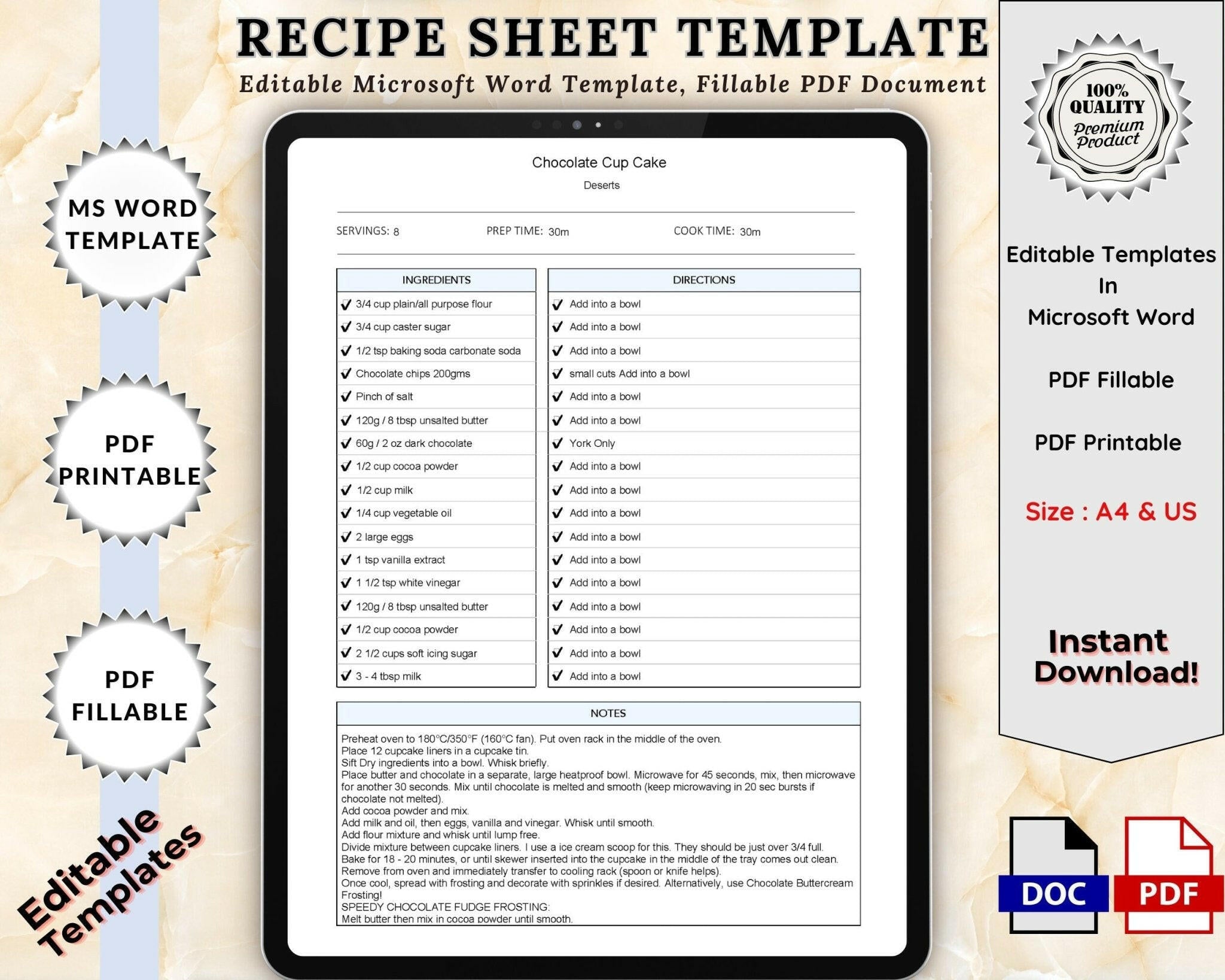 Editable Recipe Sheet Template in A4 & US Letter