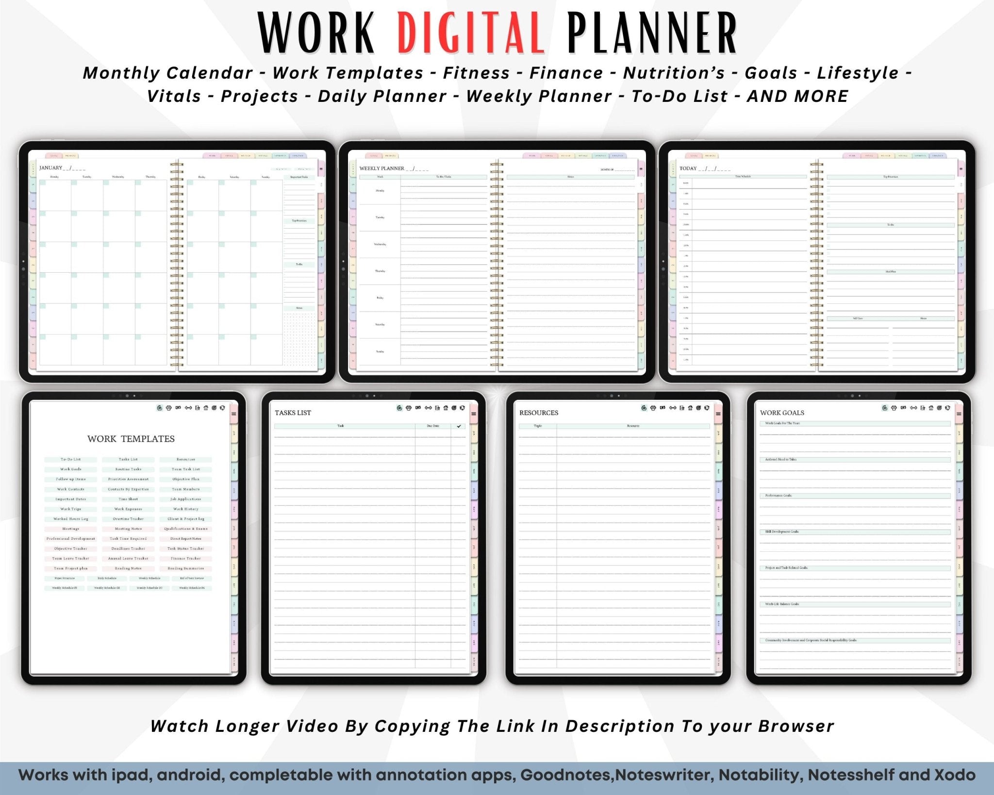 Display of pages included in Digital productivity planner for work and business tasks