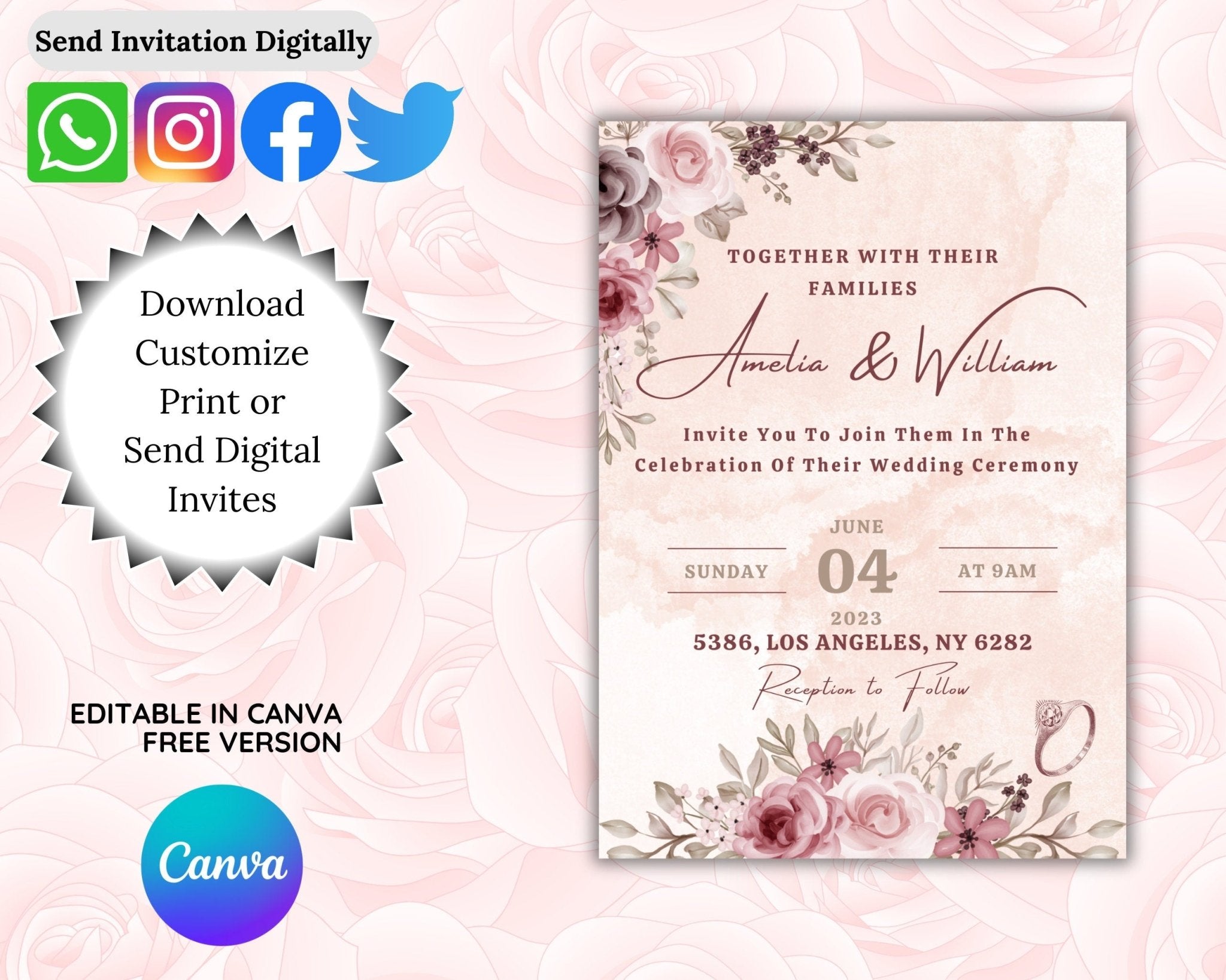 Customizable digital wedding invitation with floral elements