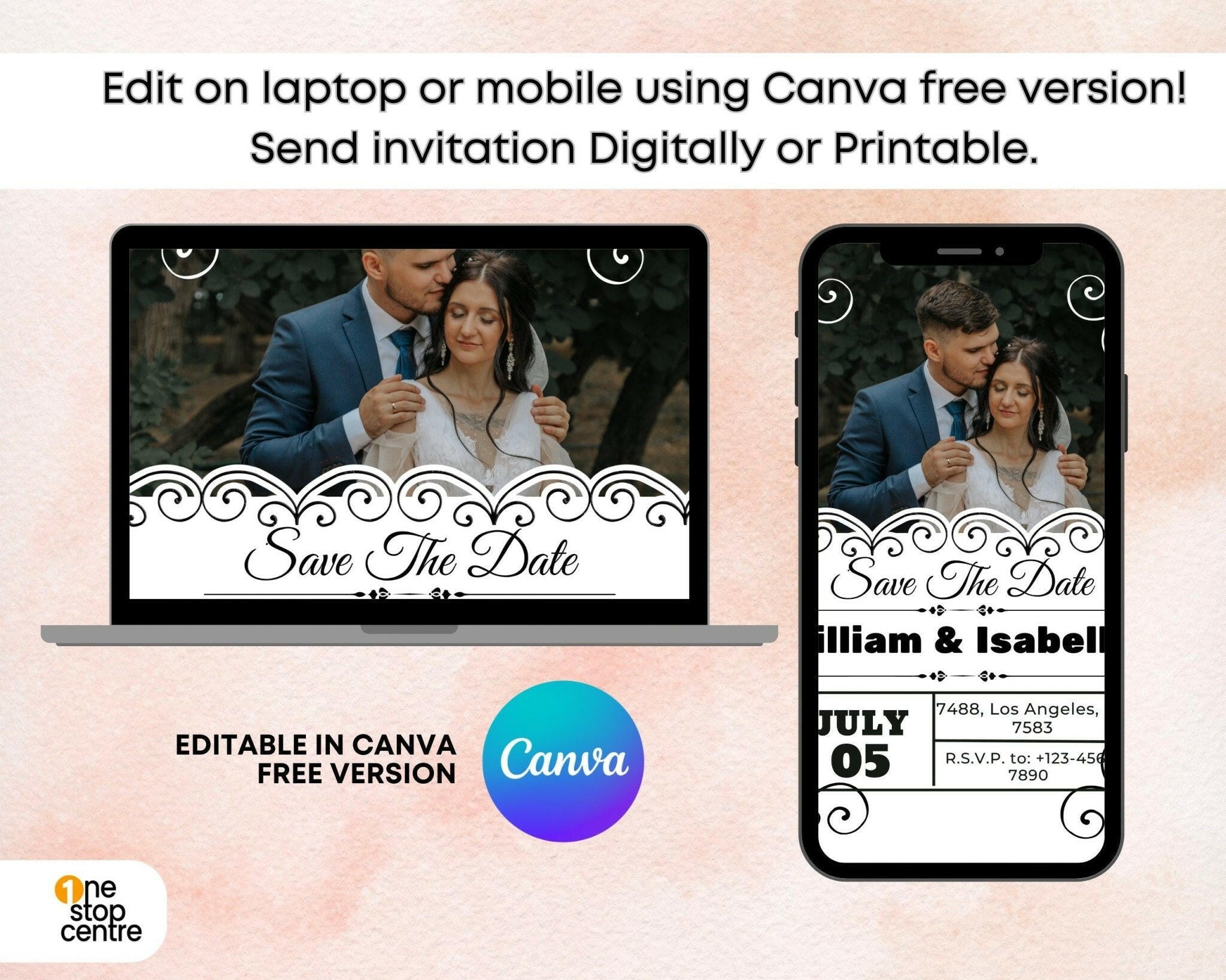 edit on laptop or Mobile wedding invitation template in Canva