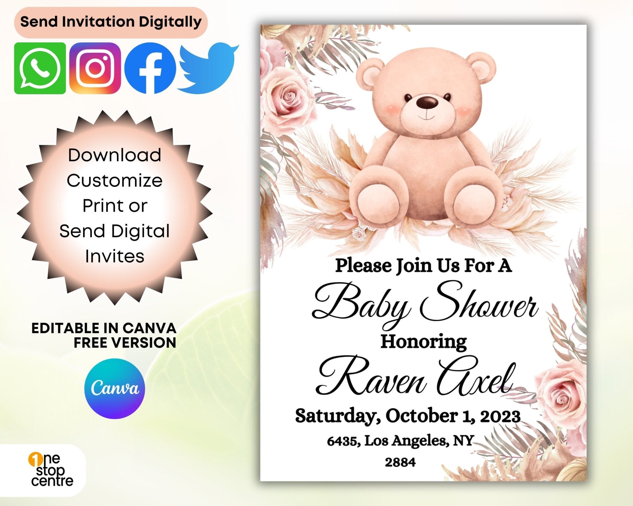 Canva layout preview of teddy bear baby invite