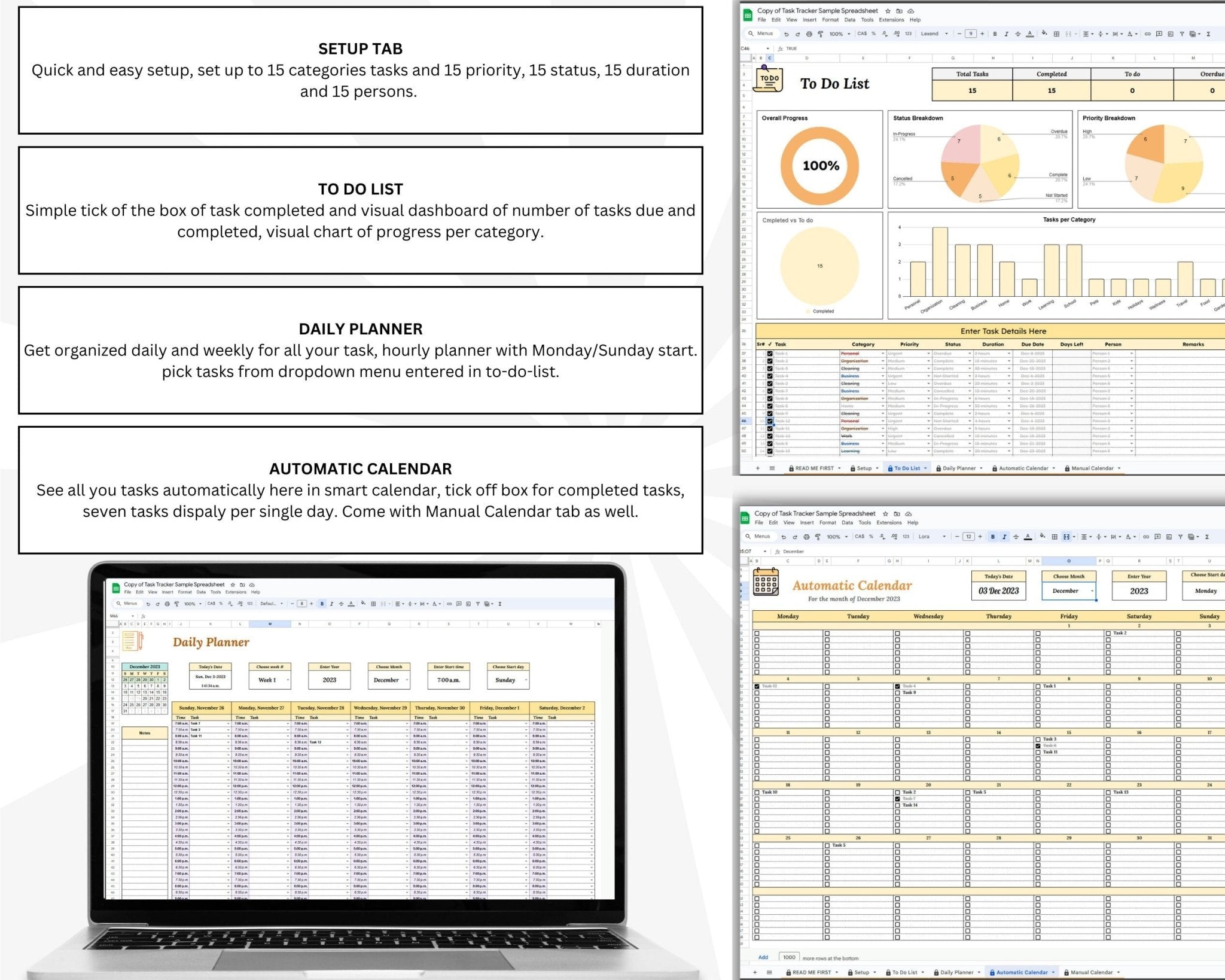 Weekly productivity tracker Google Sheets with graphs