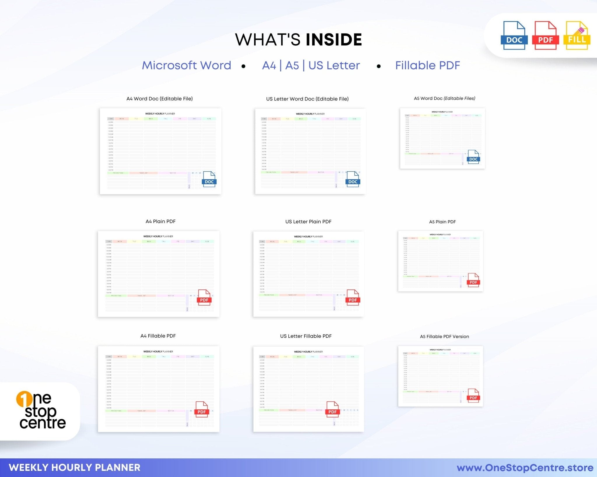 Sizes included with Professional Time Block Planner Sheet