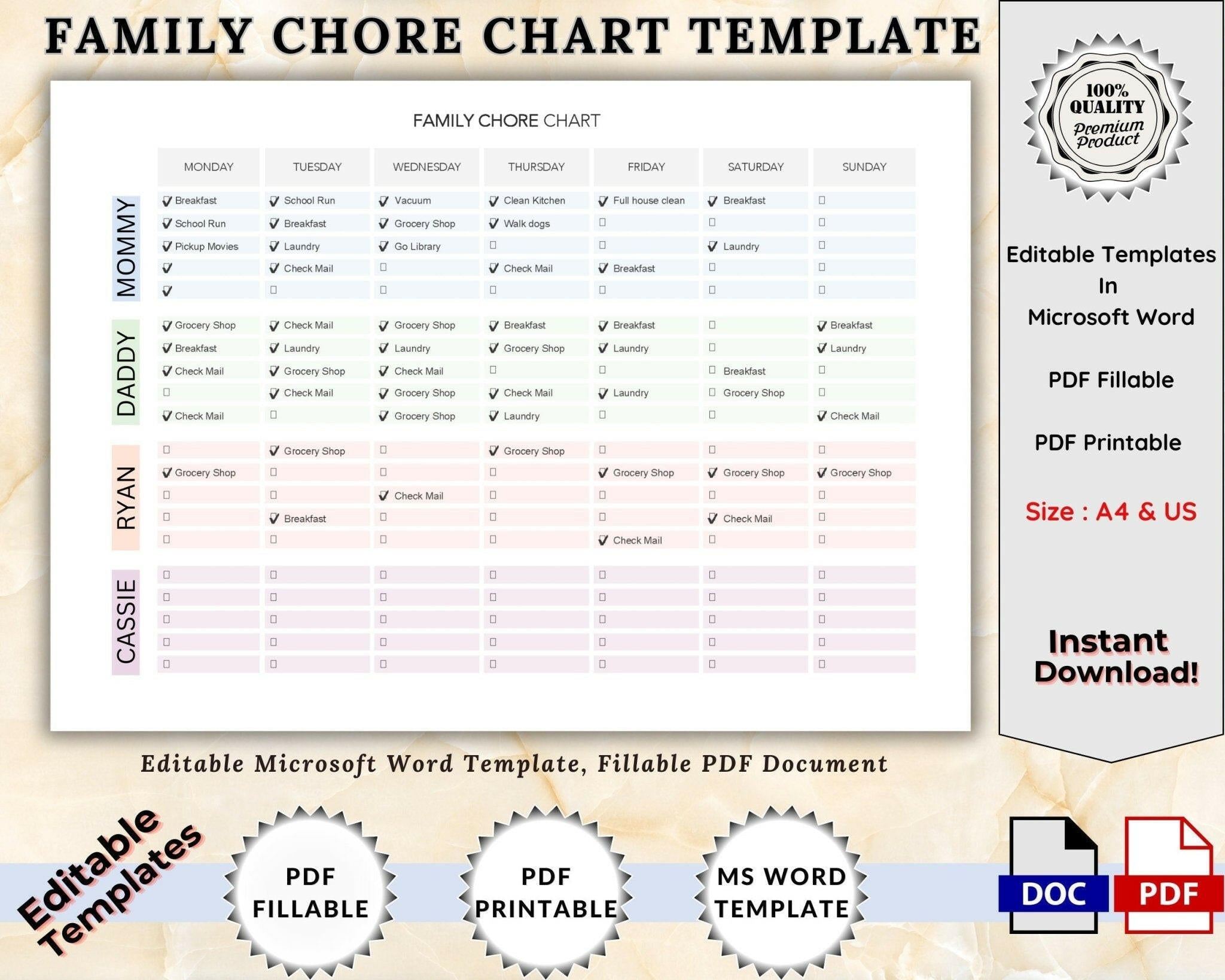 Editable family chore chart template A4 layout preview