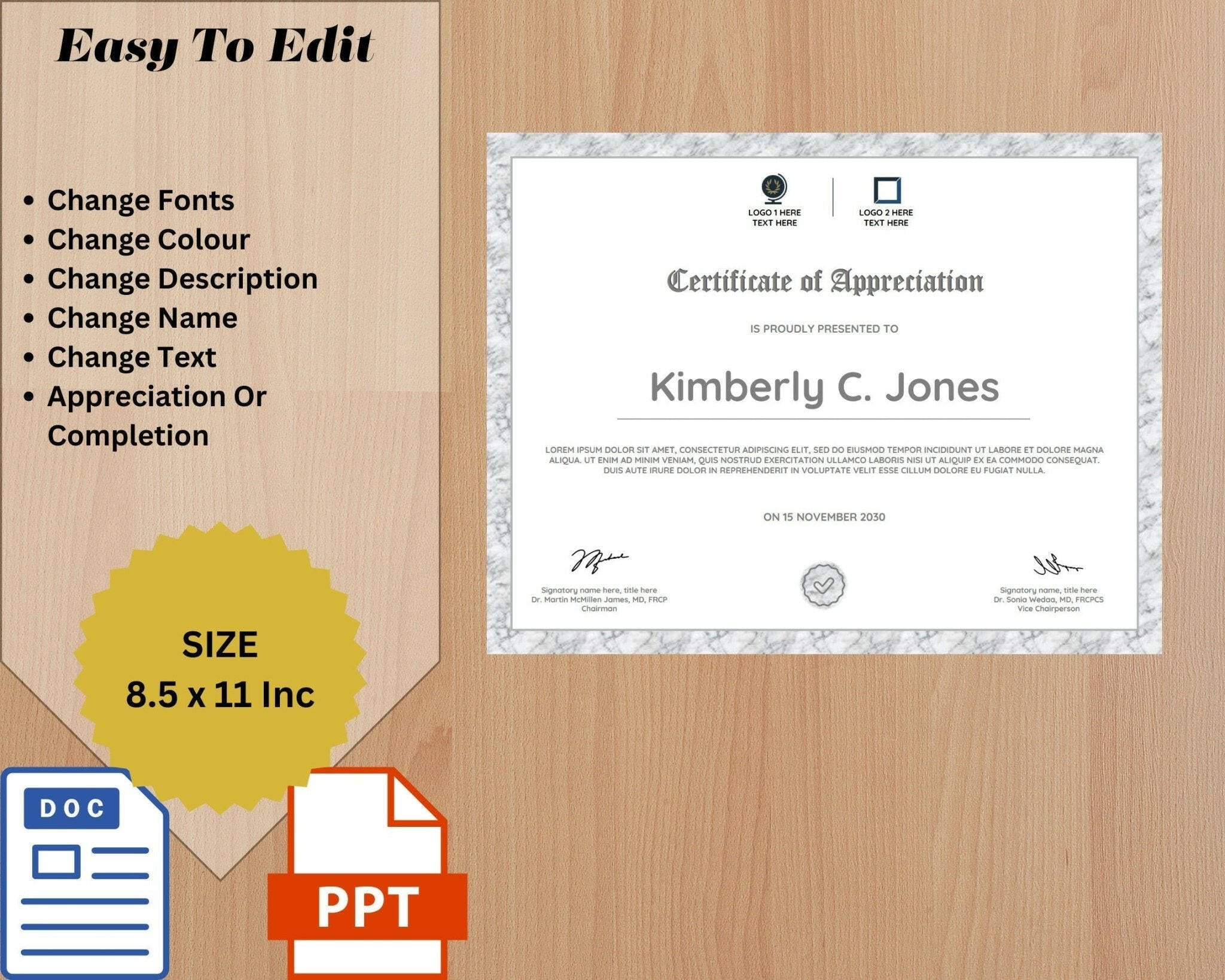 Certificate of Appreciation template with editing options on a wooden background