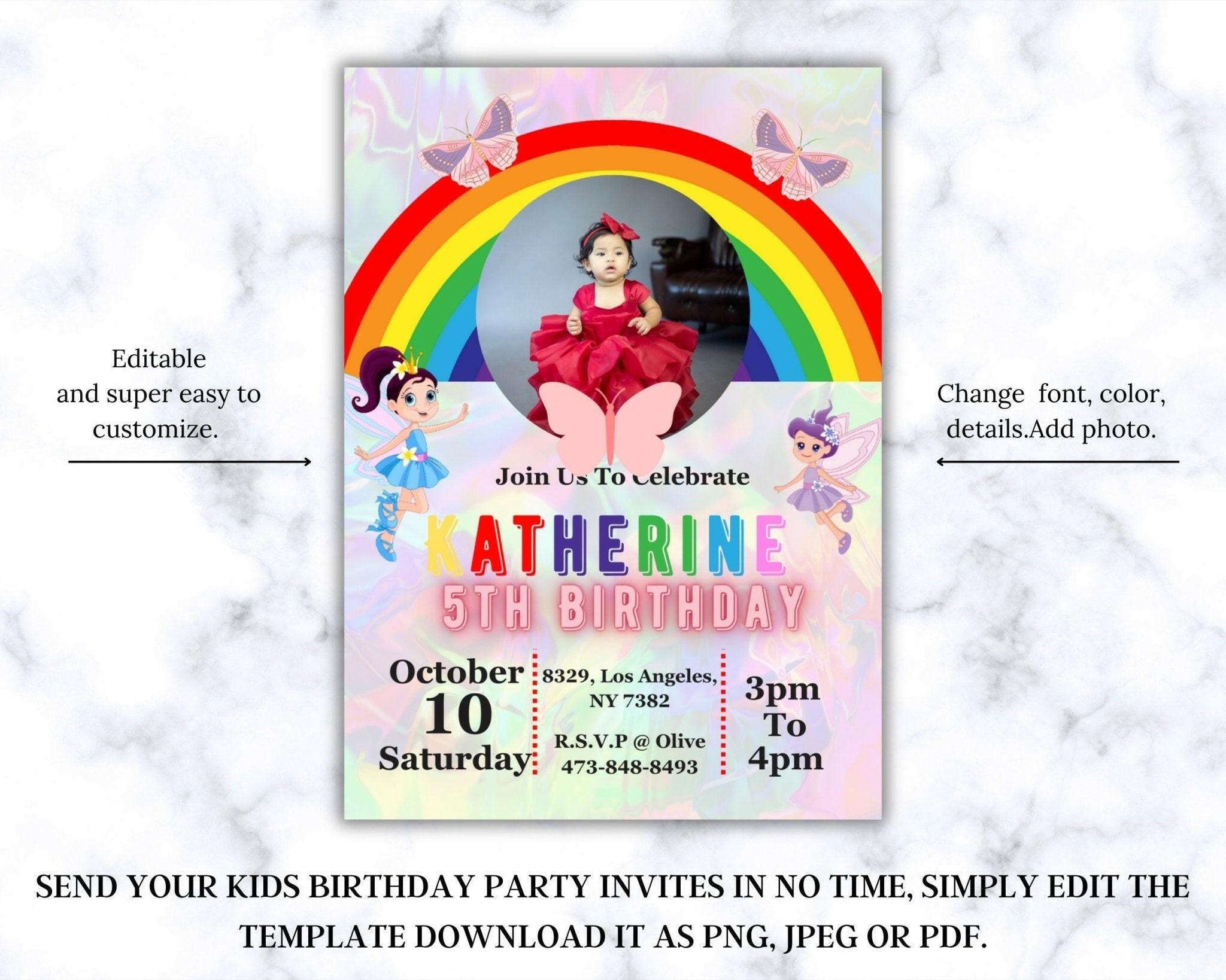 DIY photo birthday invite for girls with butterfly graphics