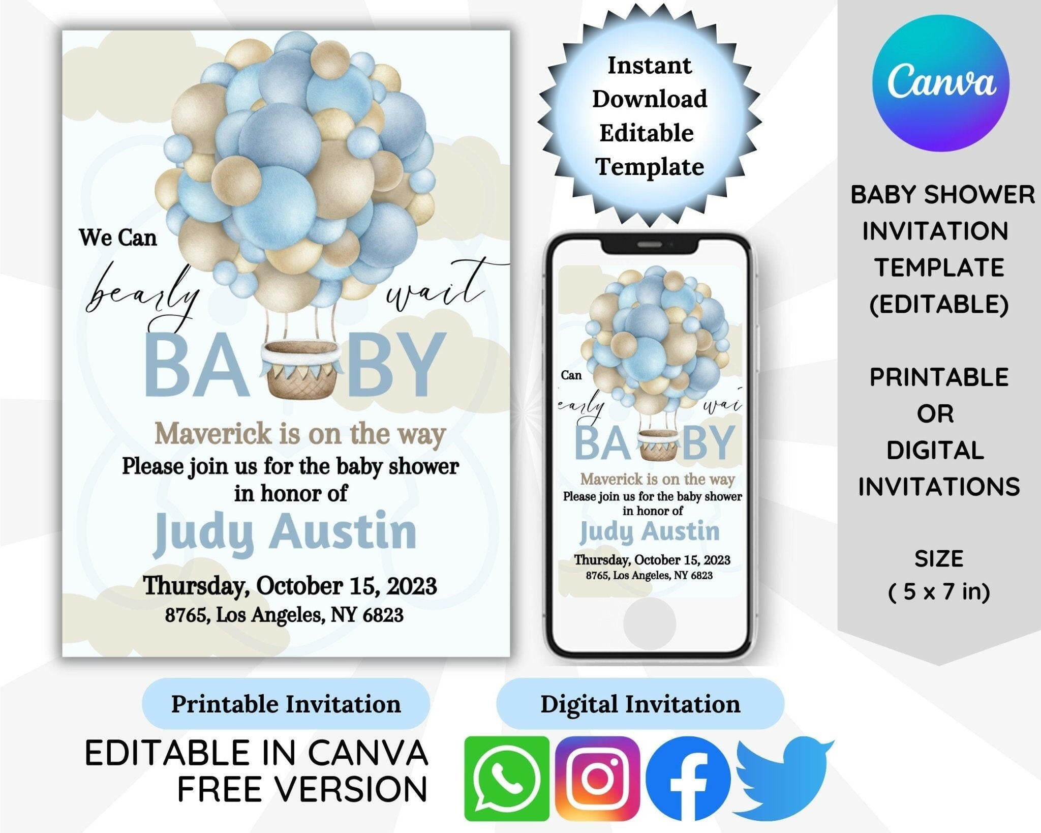 Blue hot air balloon baby shower invitation template