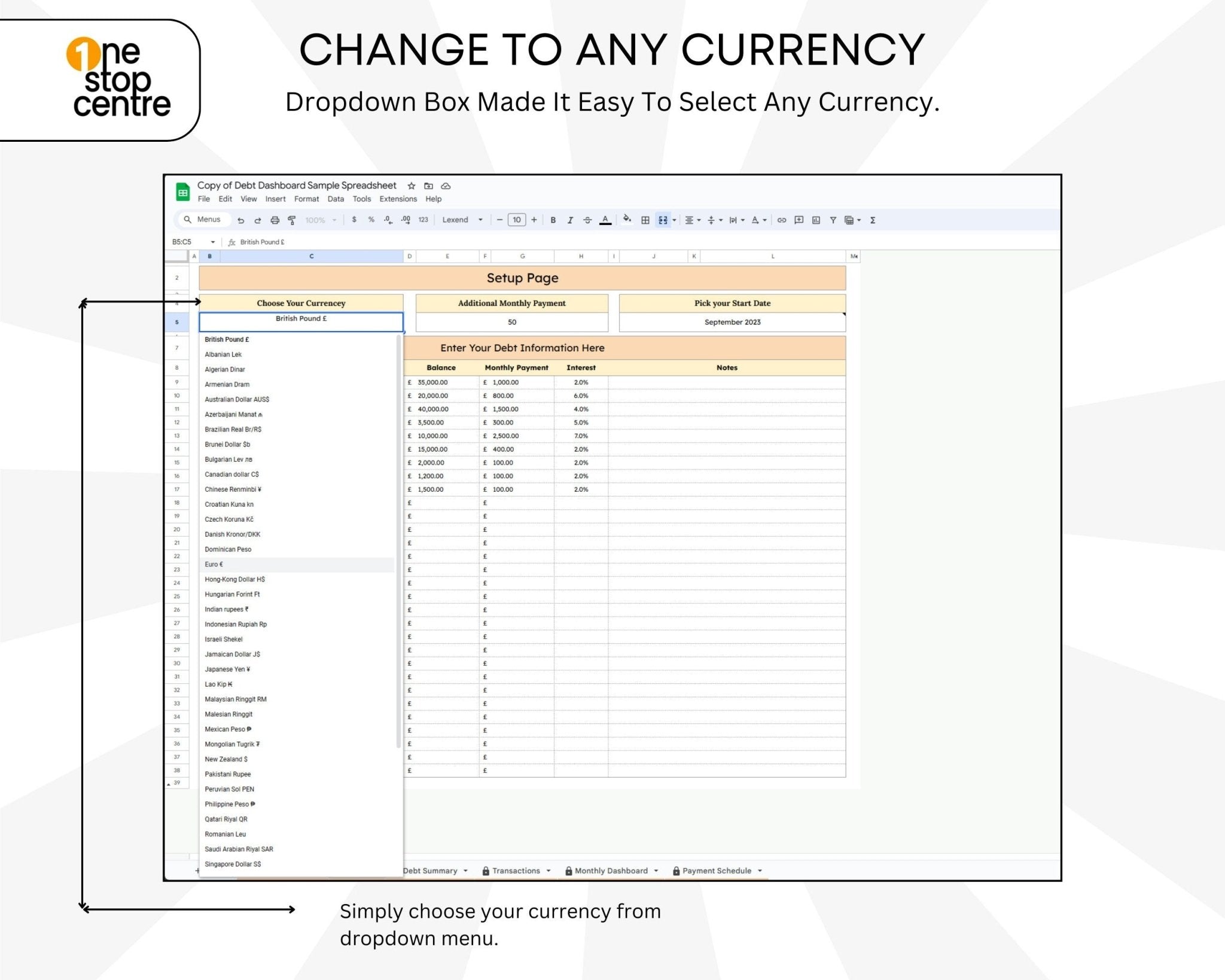Editable payment schedule and payoff calculator table and change to any currency