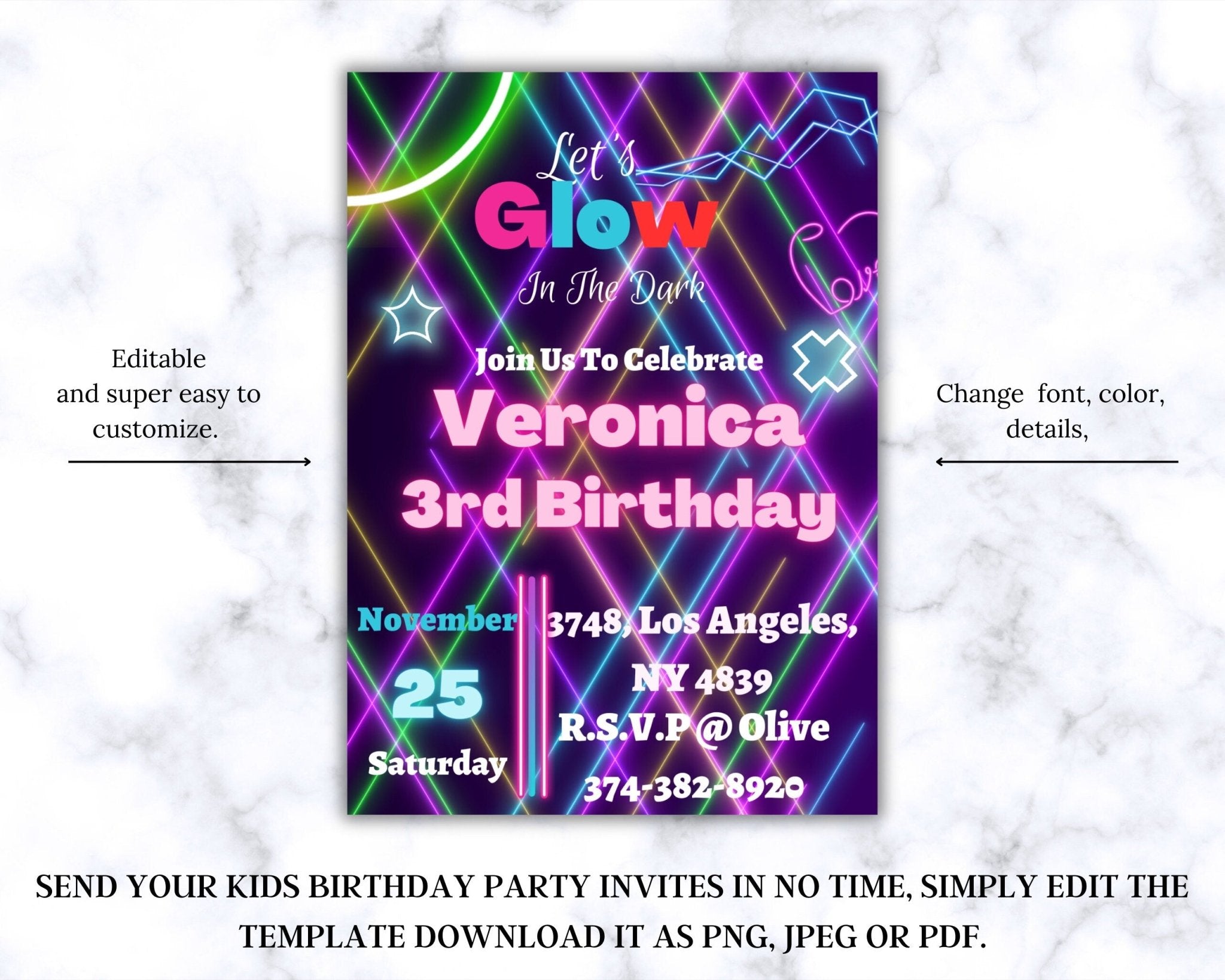 Custom kids party invitation with neon lights border