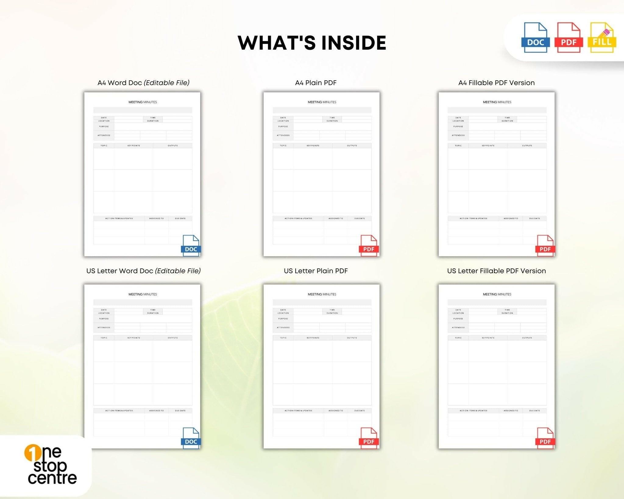 Business meeting template in A4 and US Letter format plus PDF fillable format