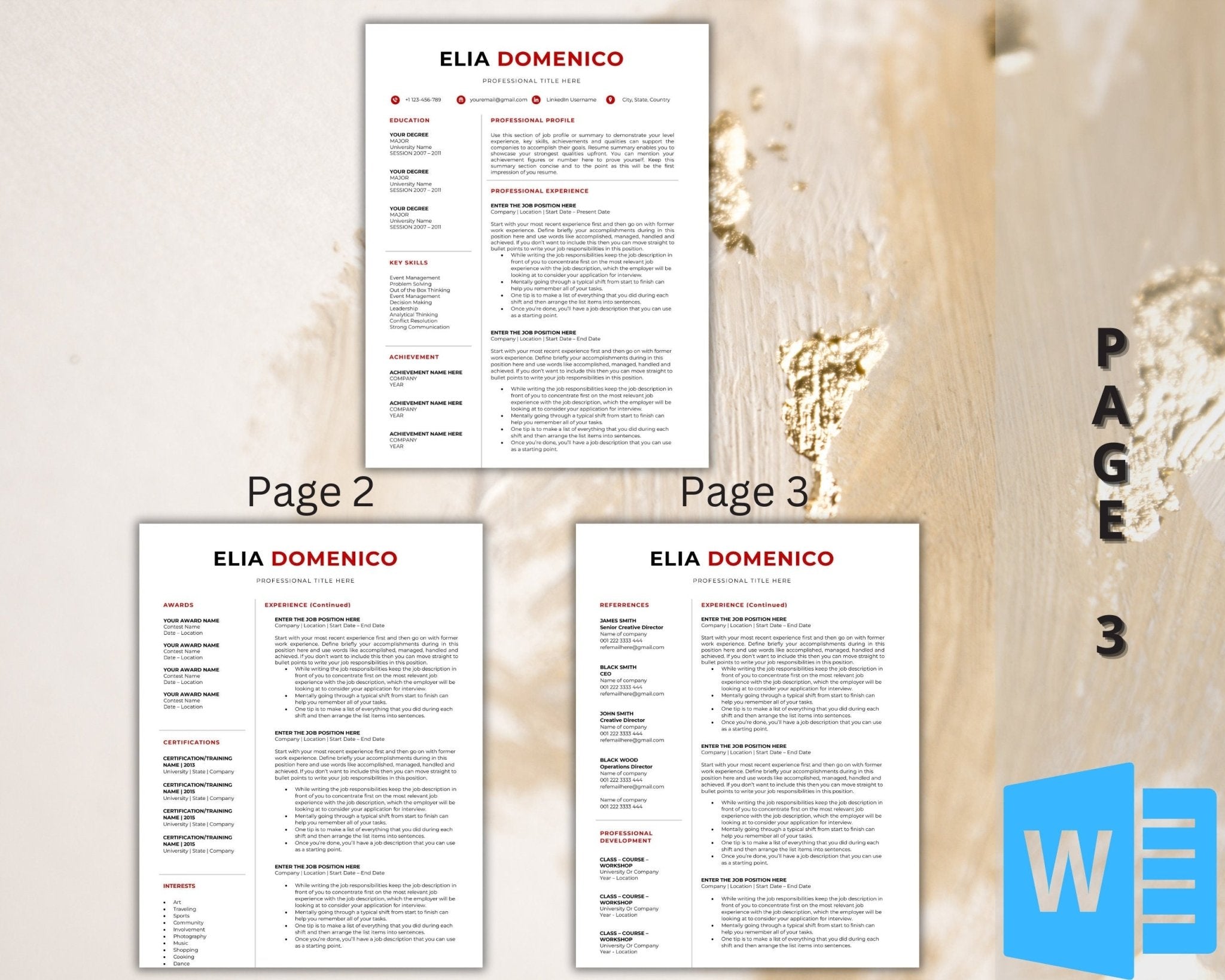 1-page, 2-page, and 3-page resume templates in Microsoft Word format with cover letter and reference