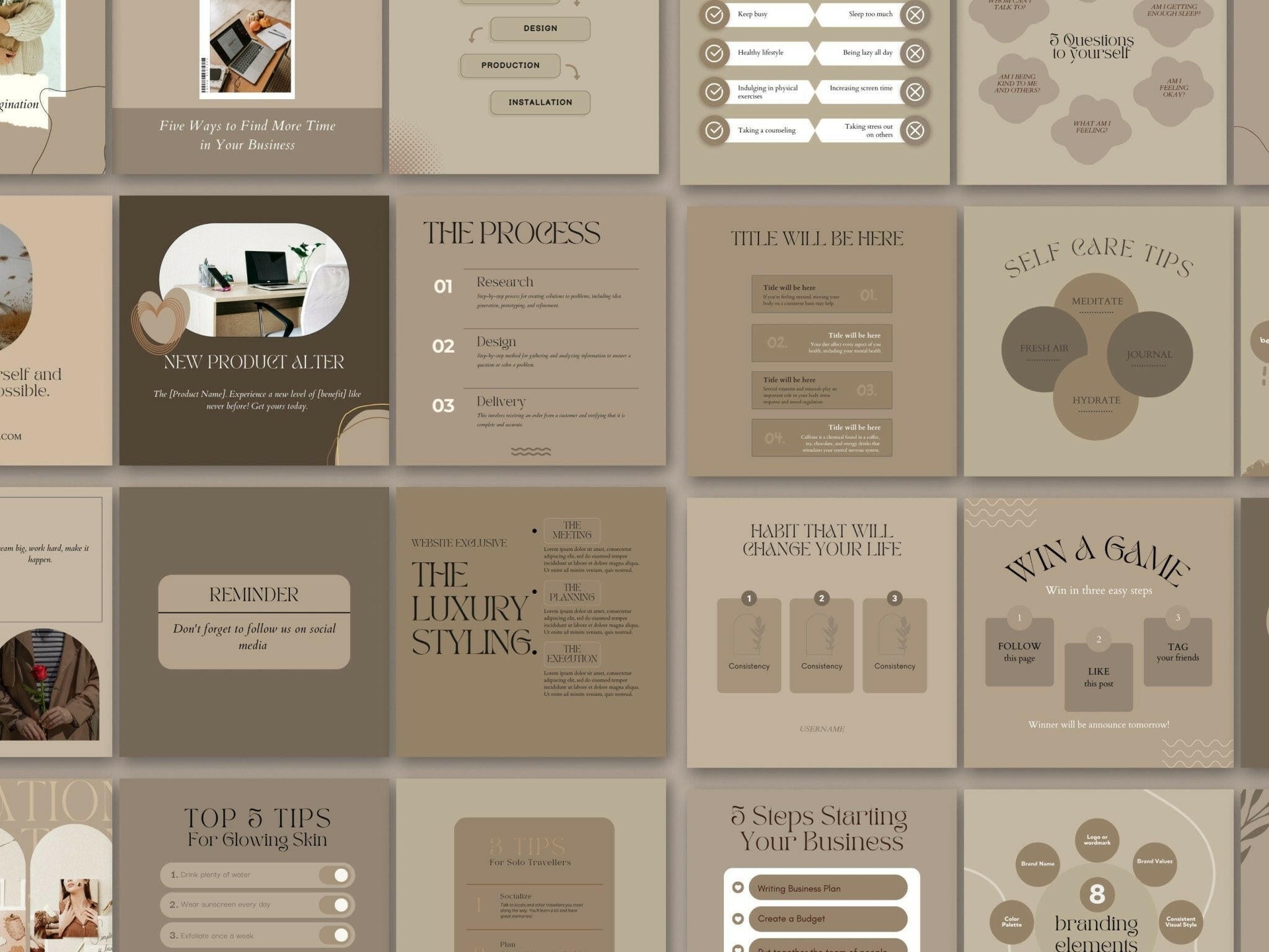 200 Course Training Instagram Templates – Aesthetic Brown Canva Posts & Stories for Facebook & Instagram