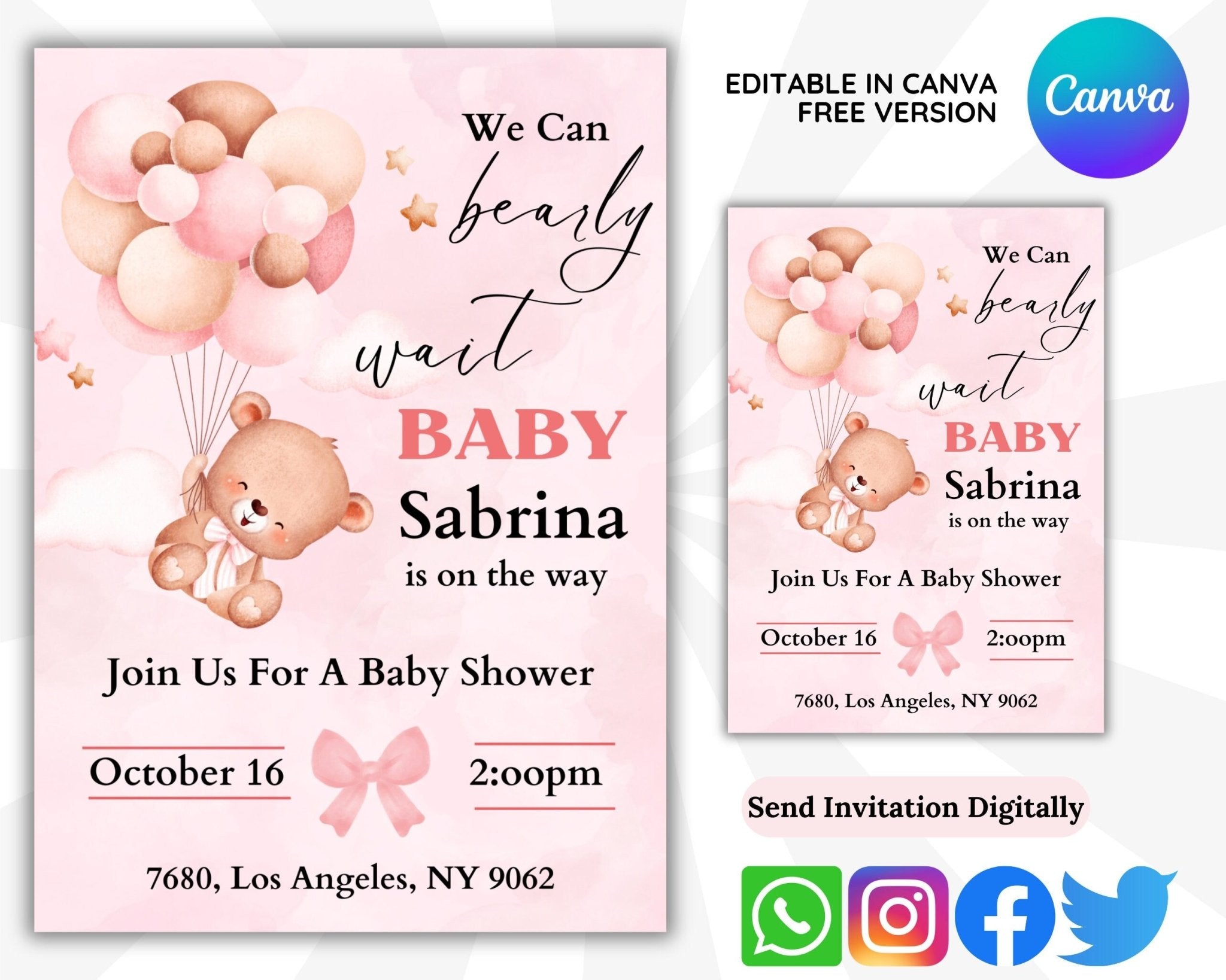 Editable pink teddy bear baby shower template