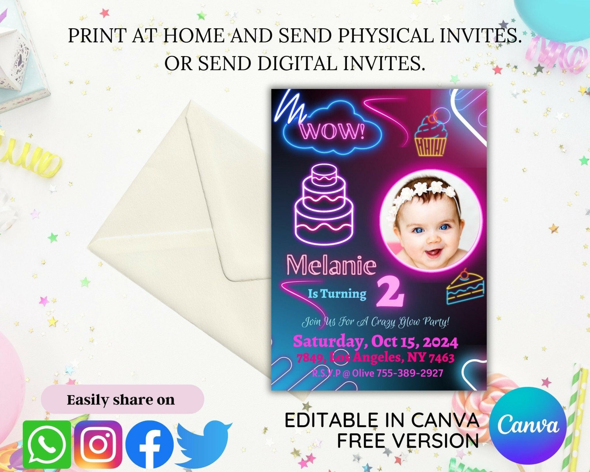 Bright glowing WOW birthday invite design for kids