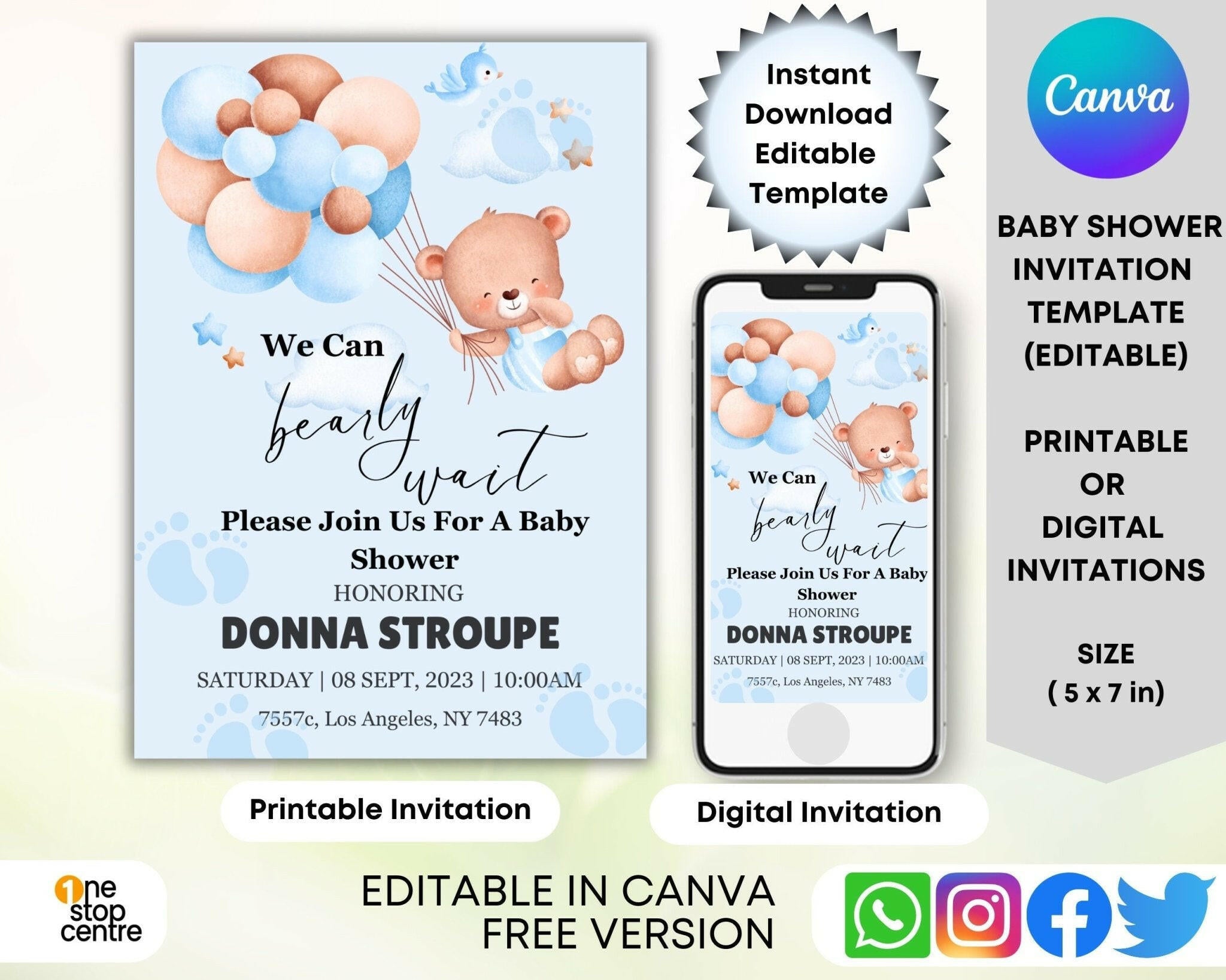 Editable sky blue teddy bear baby shower invitation on screen