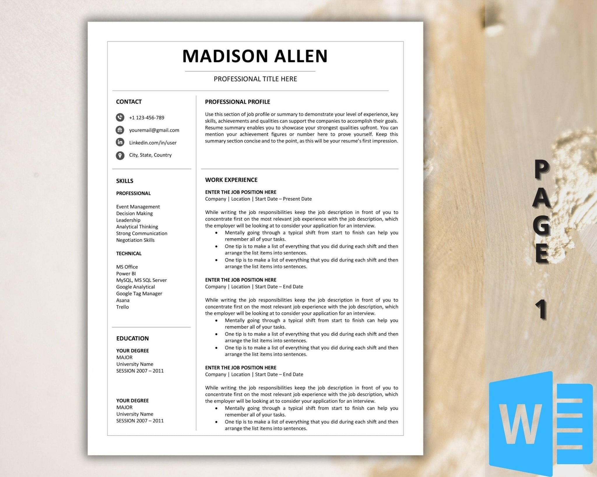 Professional Resume with Cover Letter – Editable Word