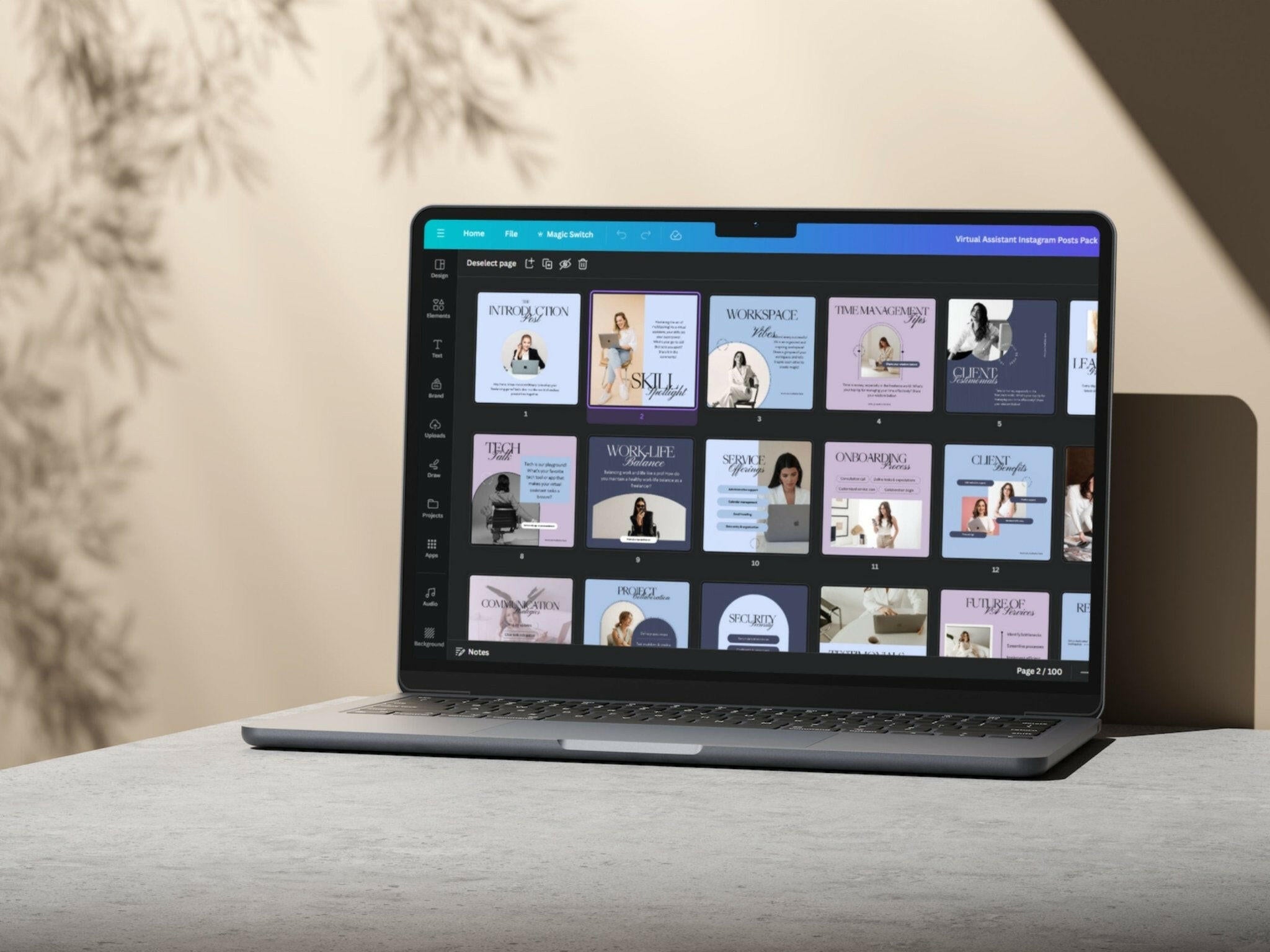 Social media content planner templates for VAs bundle 200 editable templates preview on laptop
