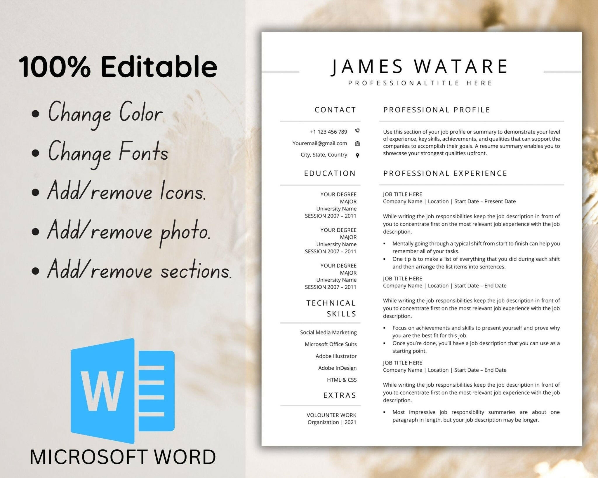 Professional reference page template included with resume package