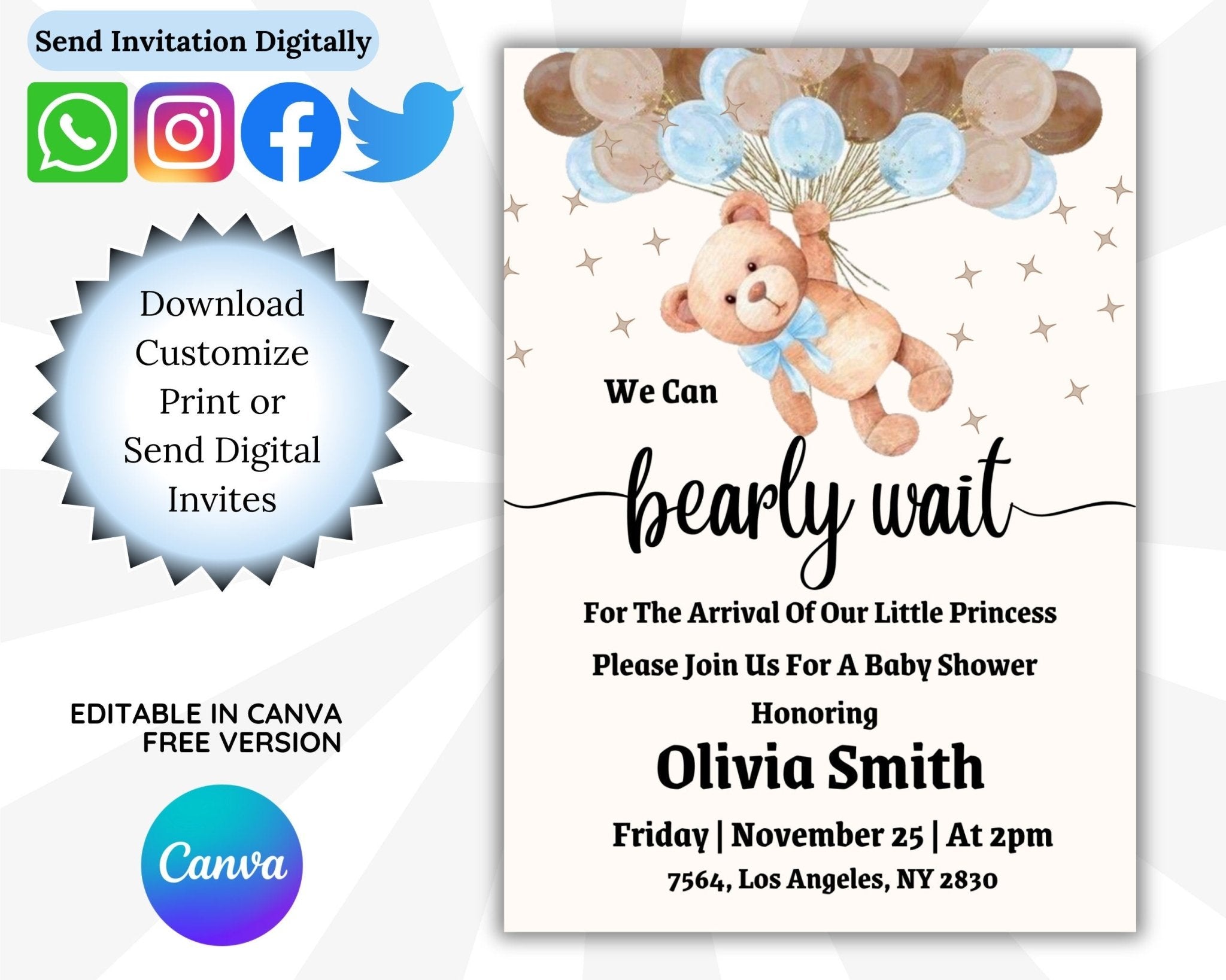 Gender-neutral baby shower card with teddy bear design