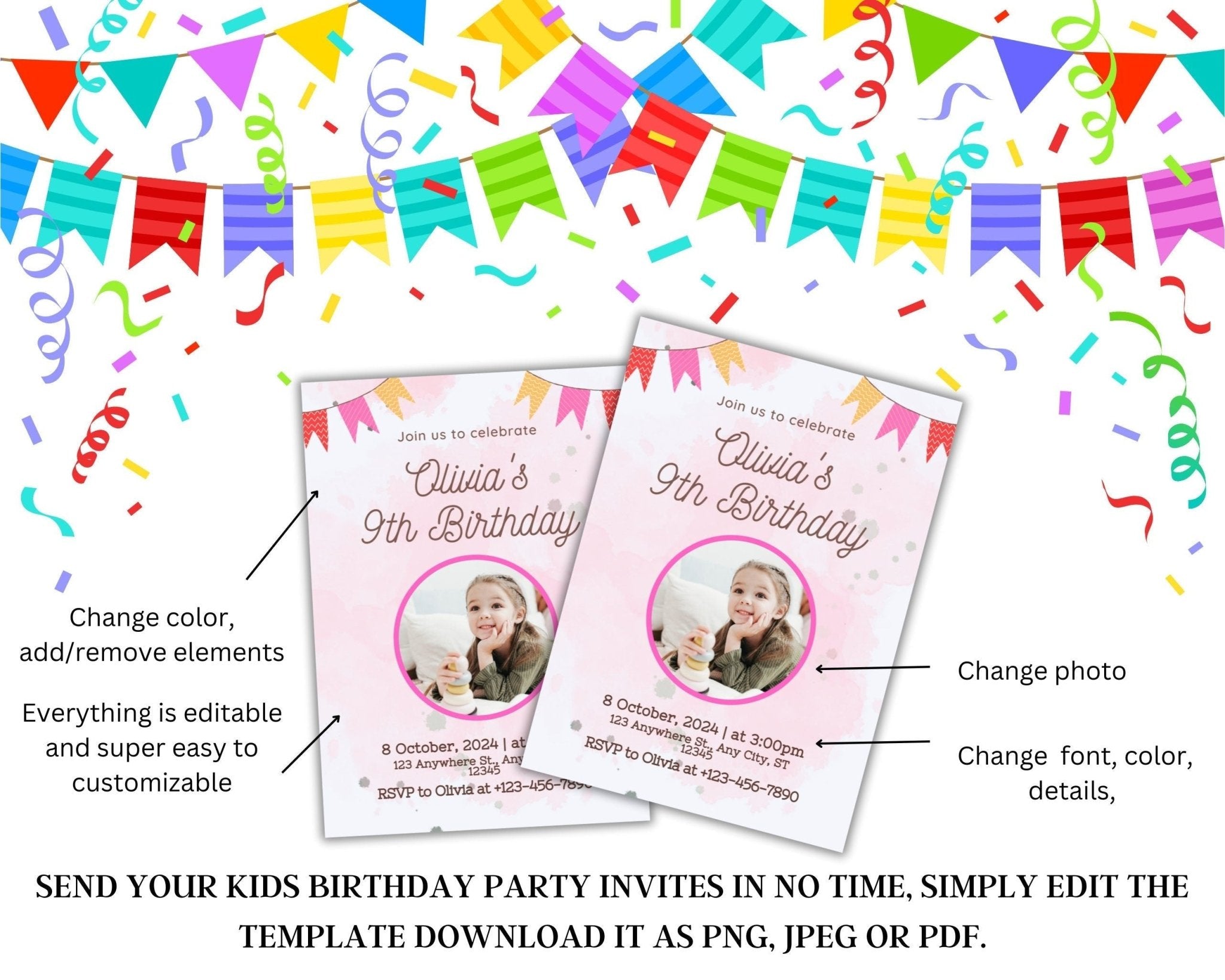 Birthday invitation editable in Canva on laptop and mobile