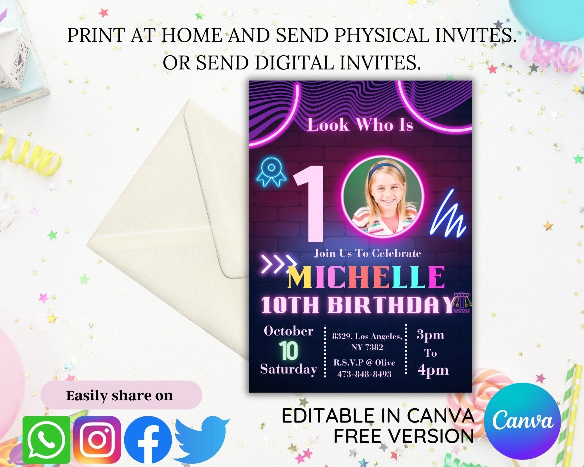 5x7 inch birthday invitation with editable name, date, and photo area
