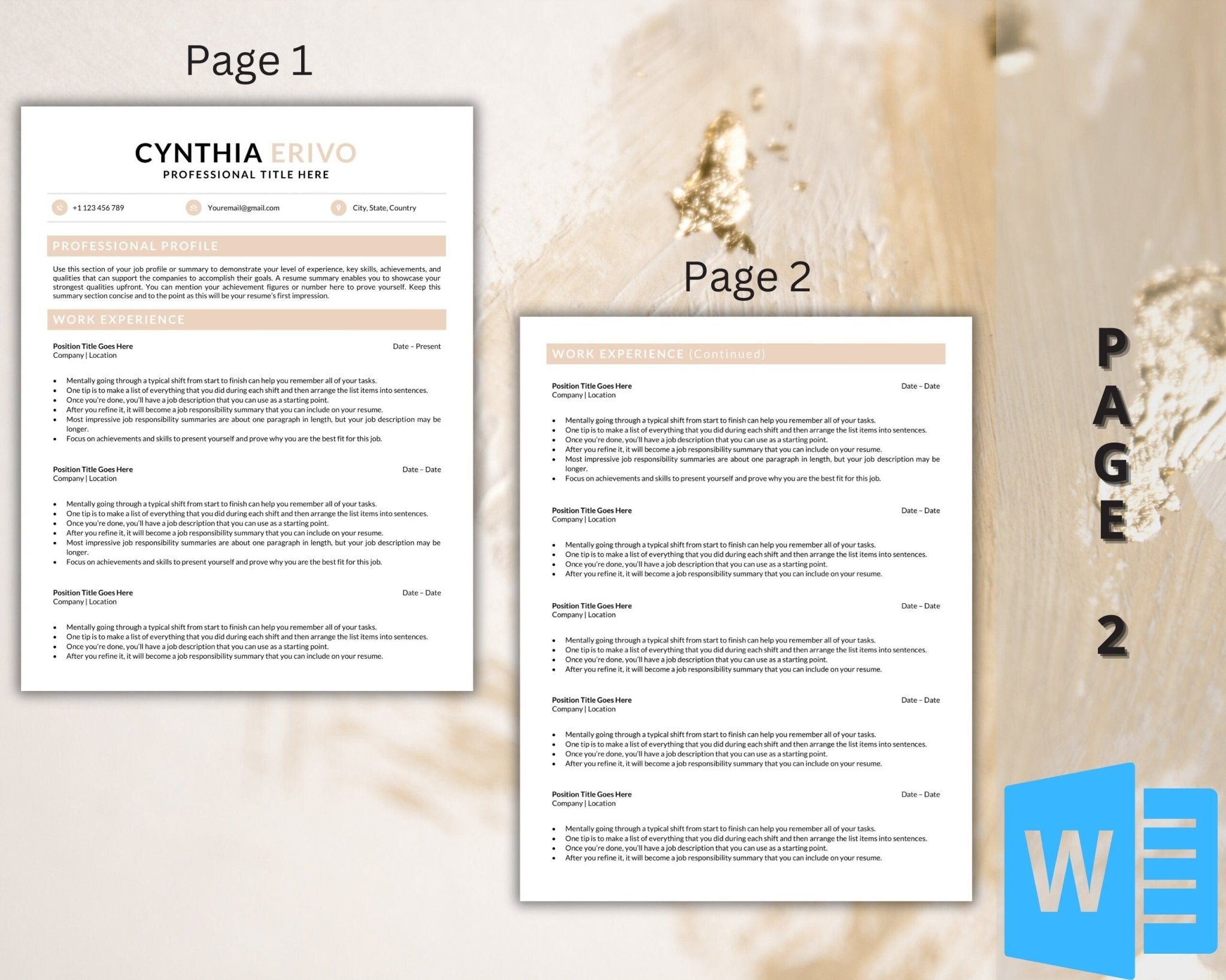 Editable resume template with professional matching cover letter and reference page