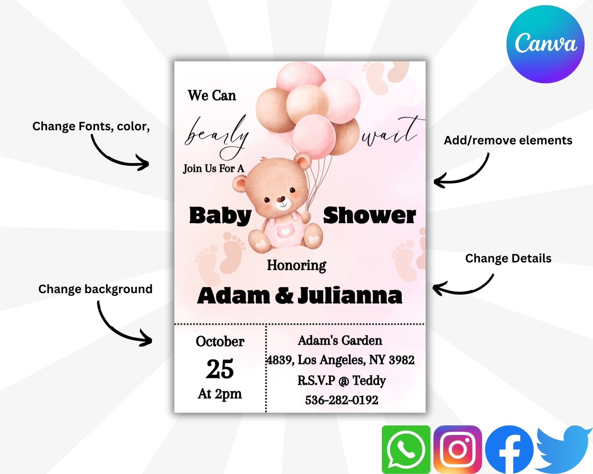 Customizable pink teddy bear baby shower card