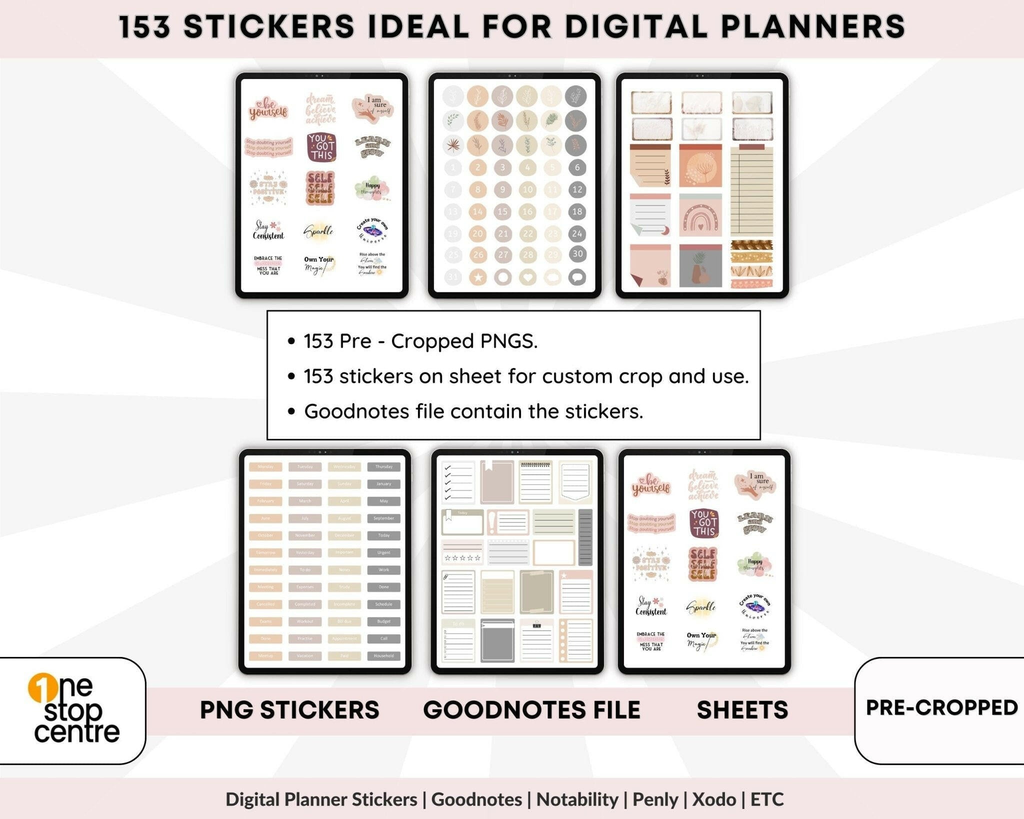 Digital planner stickers with various designs on a white background, featuring text about the product details.