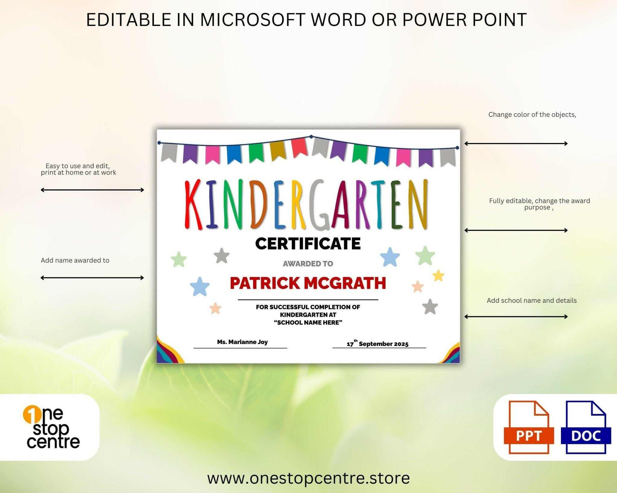 Kindergarten certificate template with colorful design and editable text on a gradient background.