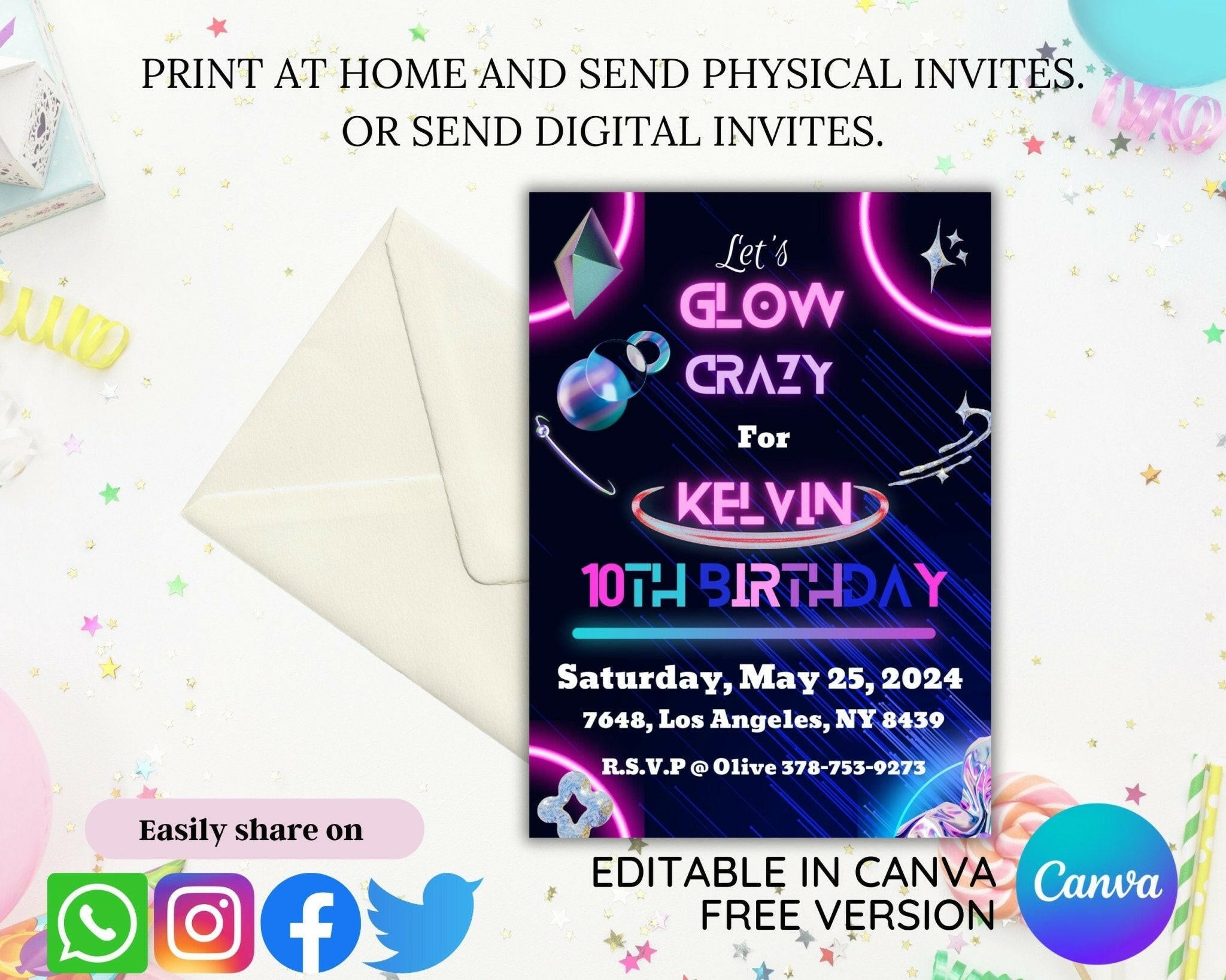 5x7 space party invitation editable on phone and desktop