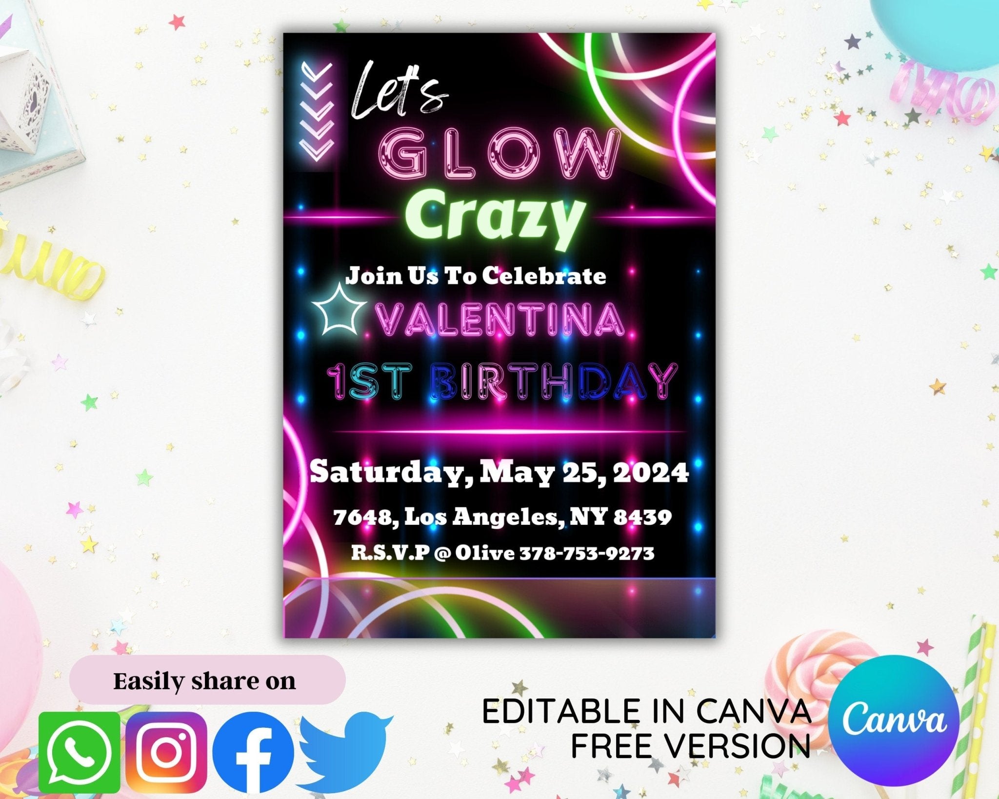 Kids party Canva invitation with glowing light design