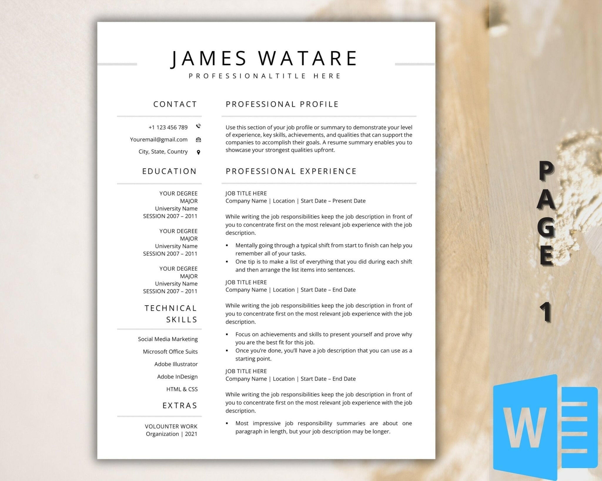 Editable 1 and 2-page CV templates for Microsoft Word