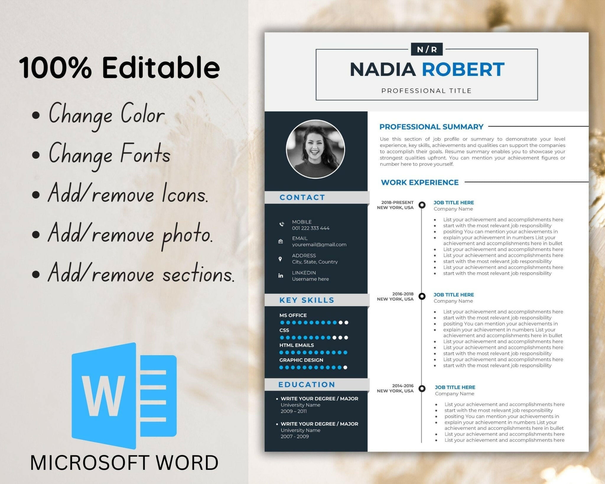 Resume header with editable icons for website and LinkedIn