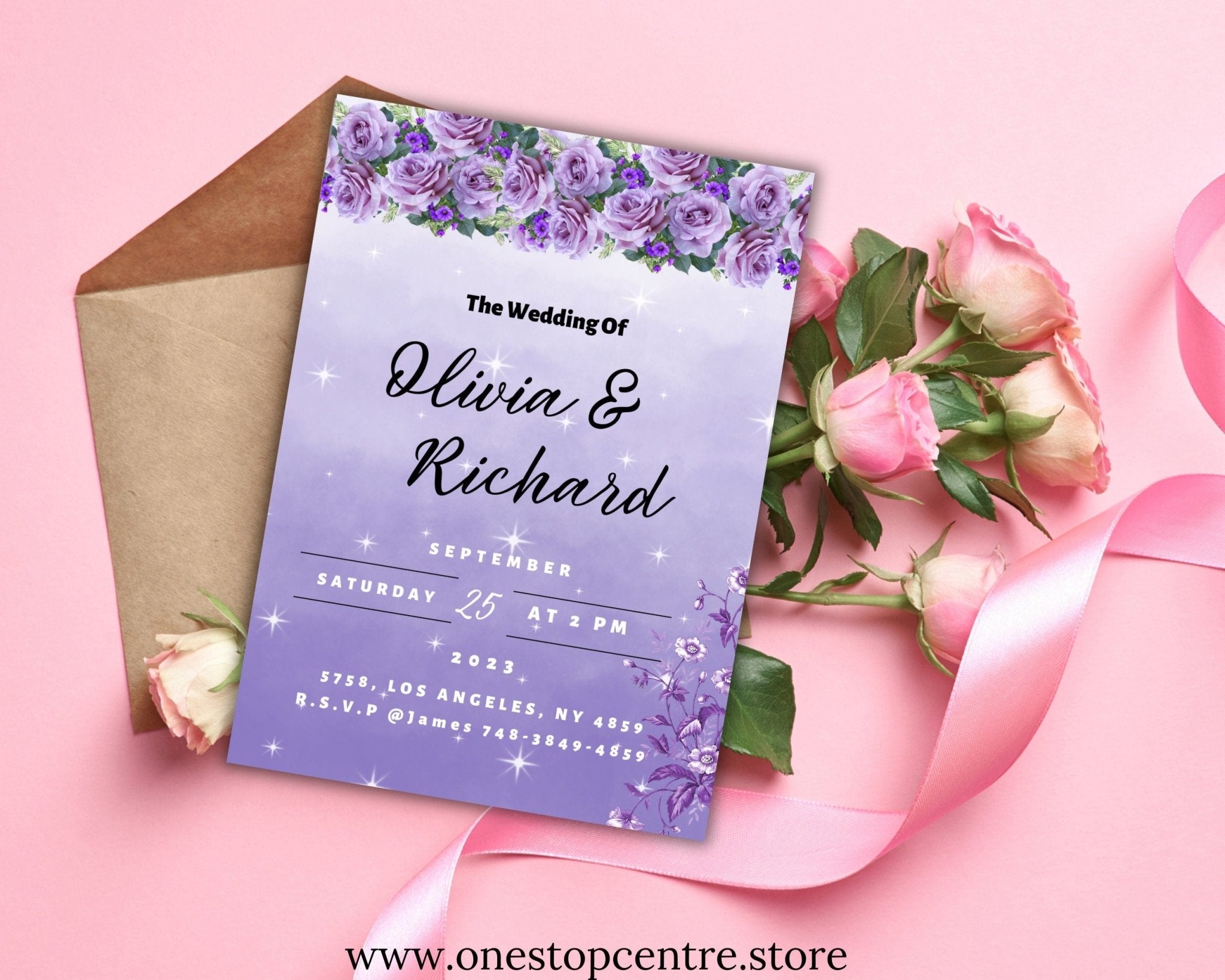 Editable Canva wedding invitation with purple florals